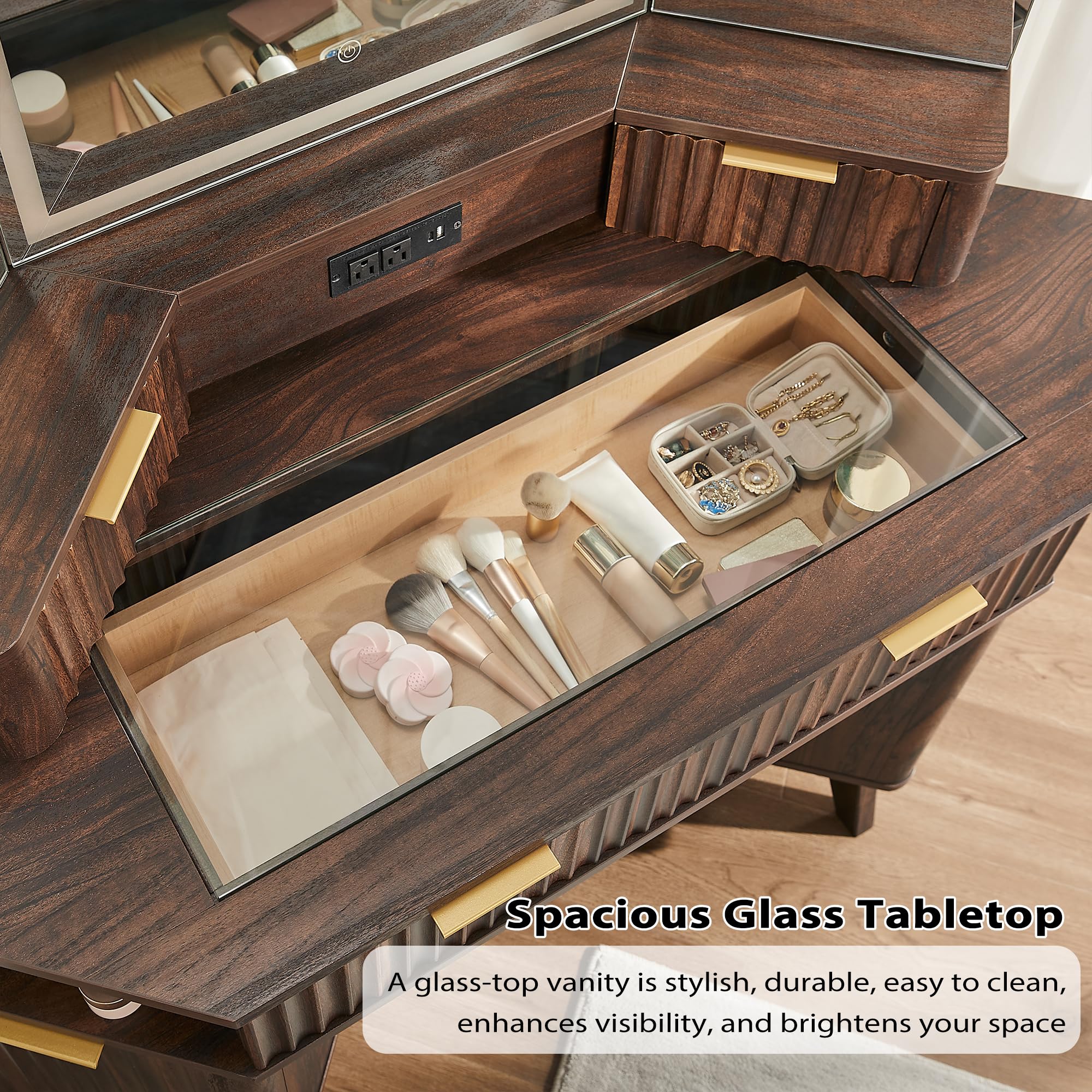 Schminktisch mit Rillenoptik, 3-Wege-Spiegel & Beleuchtung, 122 cm Eck-Kosmetiktisch mit Glasplatte, 3 Schubladen, Stauraum & Ladestation, Dunkel-Walnuss