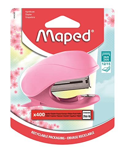 Maped - Grapadora Mini Vivo Rose Pastel + 400 grapas 26/6 - Cuerpo de material reciclado, con extractores incorporados - Compatible con grapas 24/6 y 26/6 - Conecta hasta 15 hojas