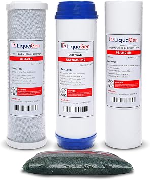 LiquaGen - Replacement Water Filter Kit for 5 & 6 Stage Universal RODI Systems Sediment, UDF/GAC, Carbon, 1.2 pounds DI Resin | RO Water Purifier Filter Set for Aquarium Reef, Fish tanks & More