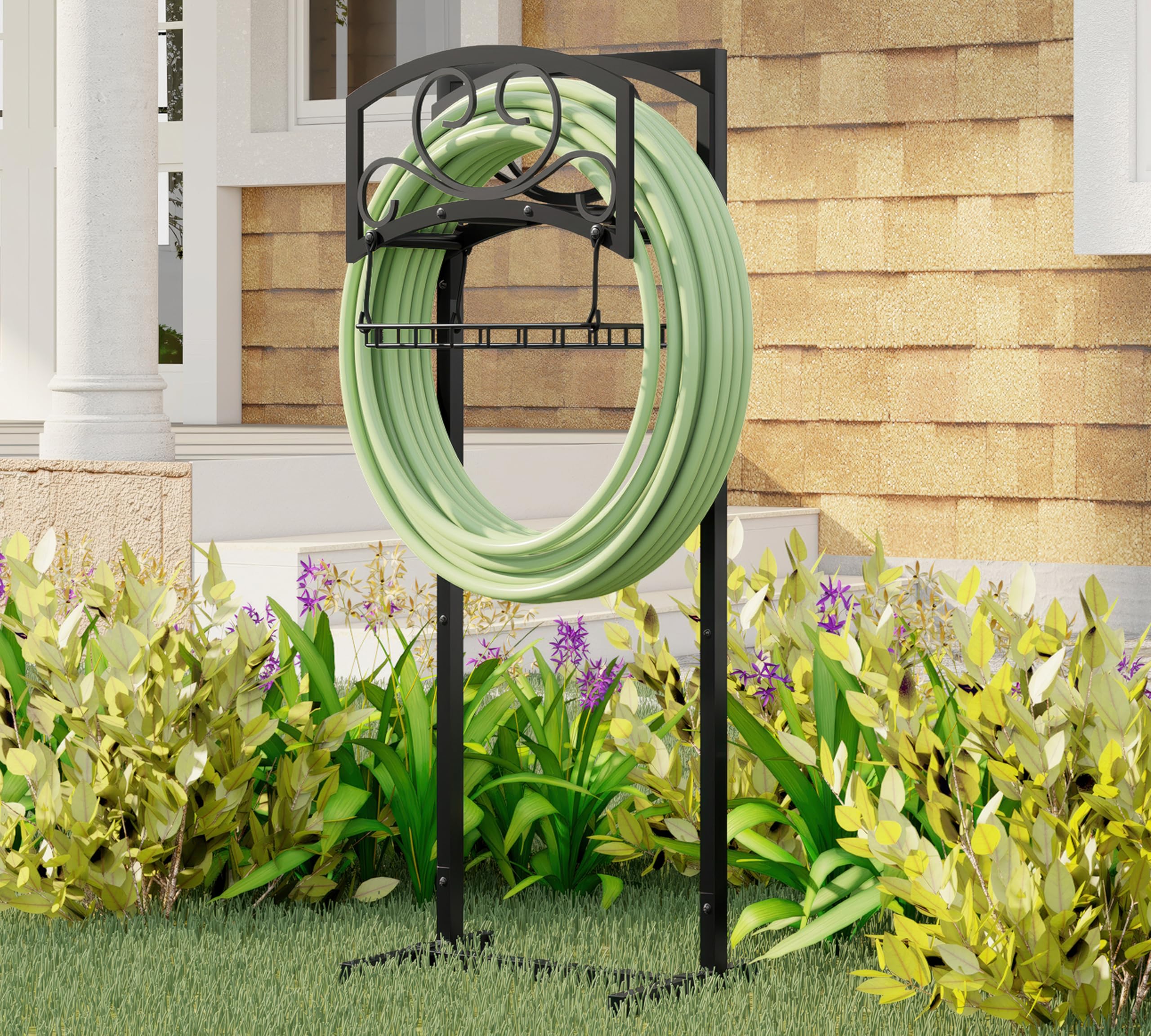 Kingson Support de tuyau d'arrosage autonome avec panier de rangement - Acier robuste, revêtement noir, contient un tuyau de 45 m, design amovible et portable