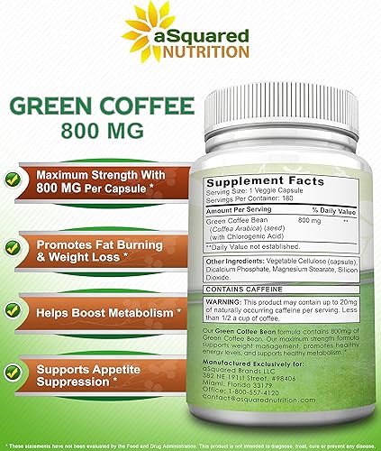 Miniatura 5 de aSquared Nutrition Fórmula de grano de café verde natural, 180 cápsulas, limpieza antioxidante GCA de máxima fuerza para pérdida de peso pura, 800