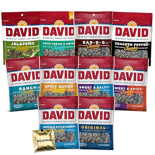 Davids - Semillas de girasol jumbo a granel paquete variado de 10 semillas individuales de David Sun originales jalapeño salado picante rancho