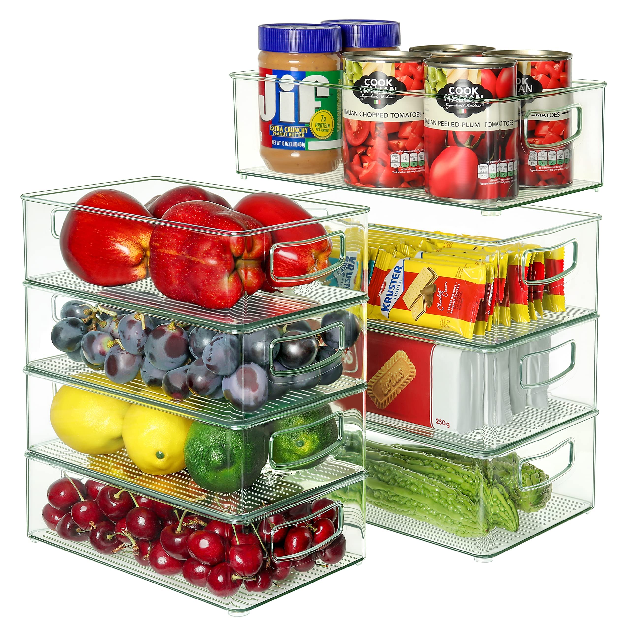 Heyuzb Set mit 8 transparenten Kunststoff-Aufbewahrungsbehältern, 4 großen und 4 kleinen stapelbaren Lebensmittelbehältern für Speisekammer-Organisation und Küchenschrank, Kühlschrank-Organizer und