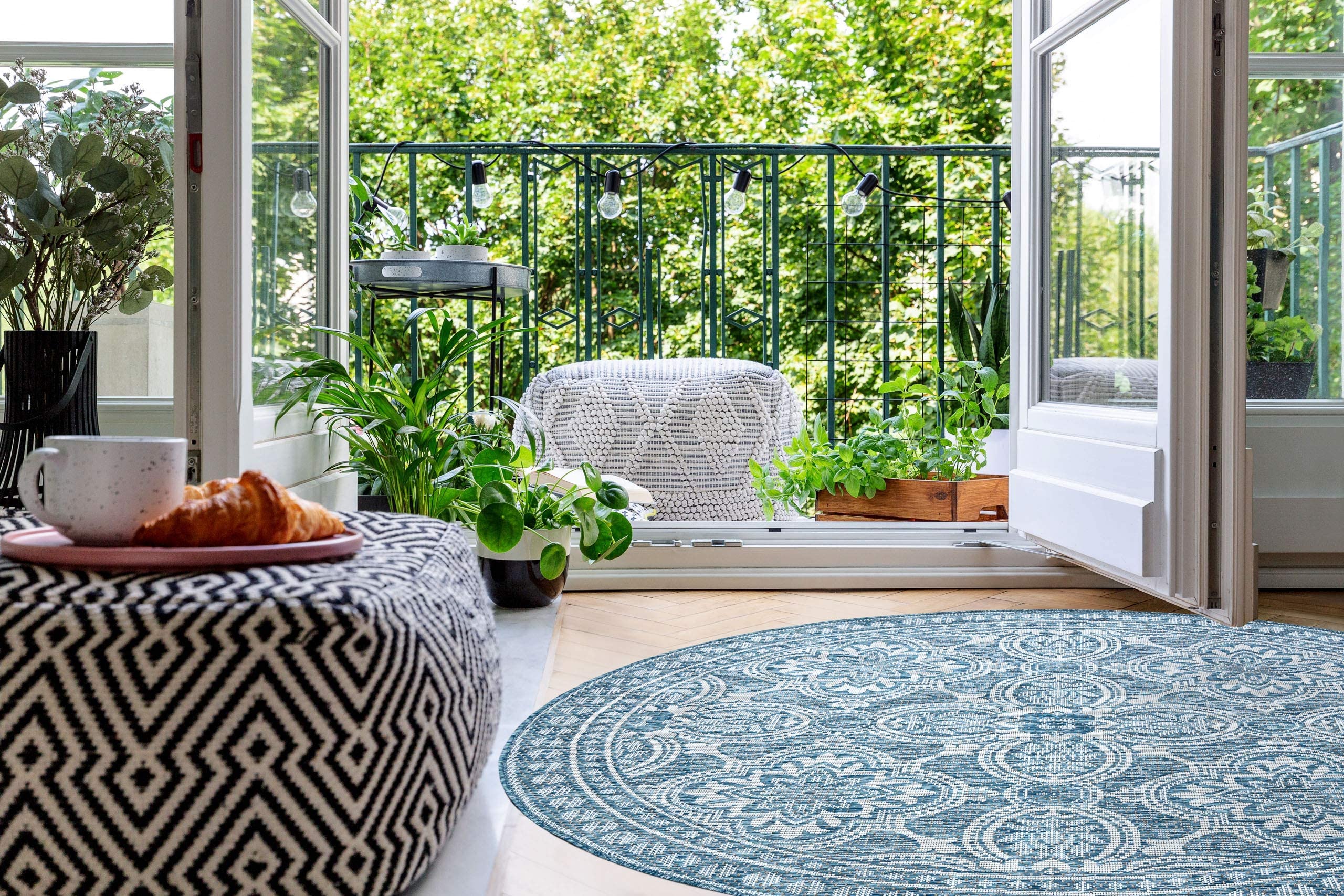 rugsx Nowoczesny dywan SISAL LOFT, sznurkowy dywan do salonu, sypialni, na taras, do kuchni, styl boho, kość słoniowa/srebrny/niebieski, okrąg, 160 cm