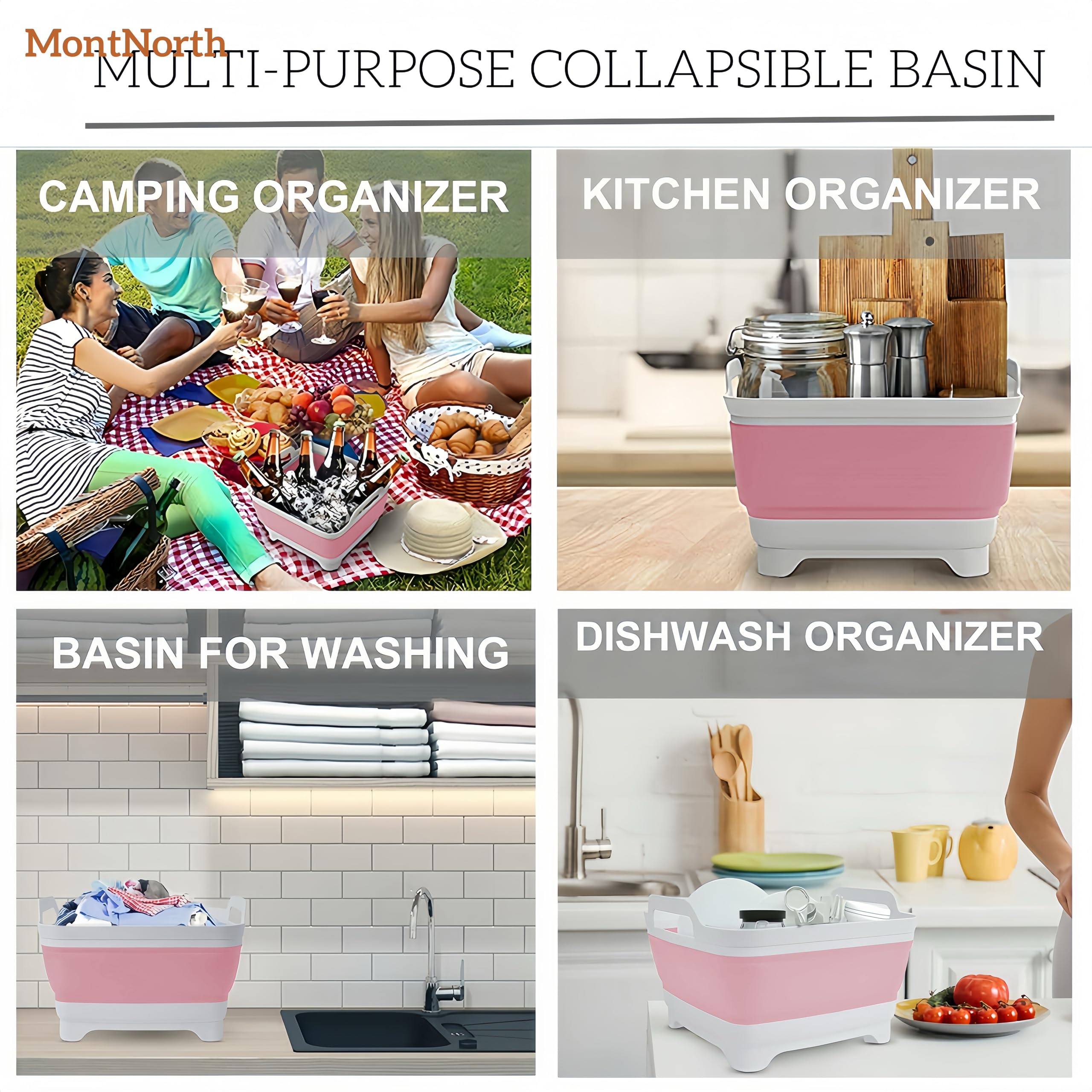 MontNorth Sartén para lavar platos, cubeta plegable de 9 L, fregadero portátil, lavabo, cubeta plegable, lavabo con tapón de drenaje, plato para fregadero de cocina, bañera de lavado de platos de