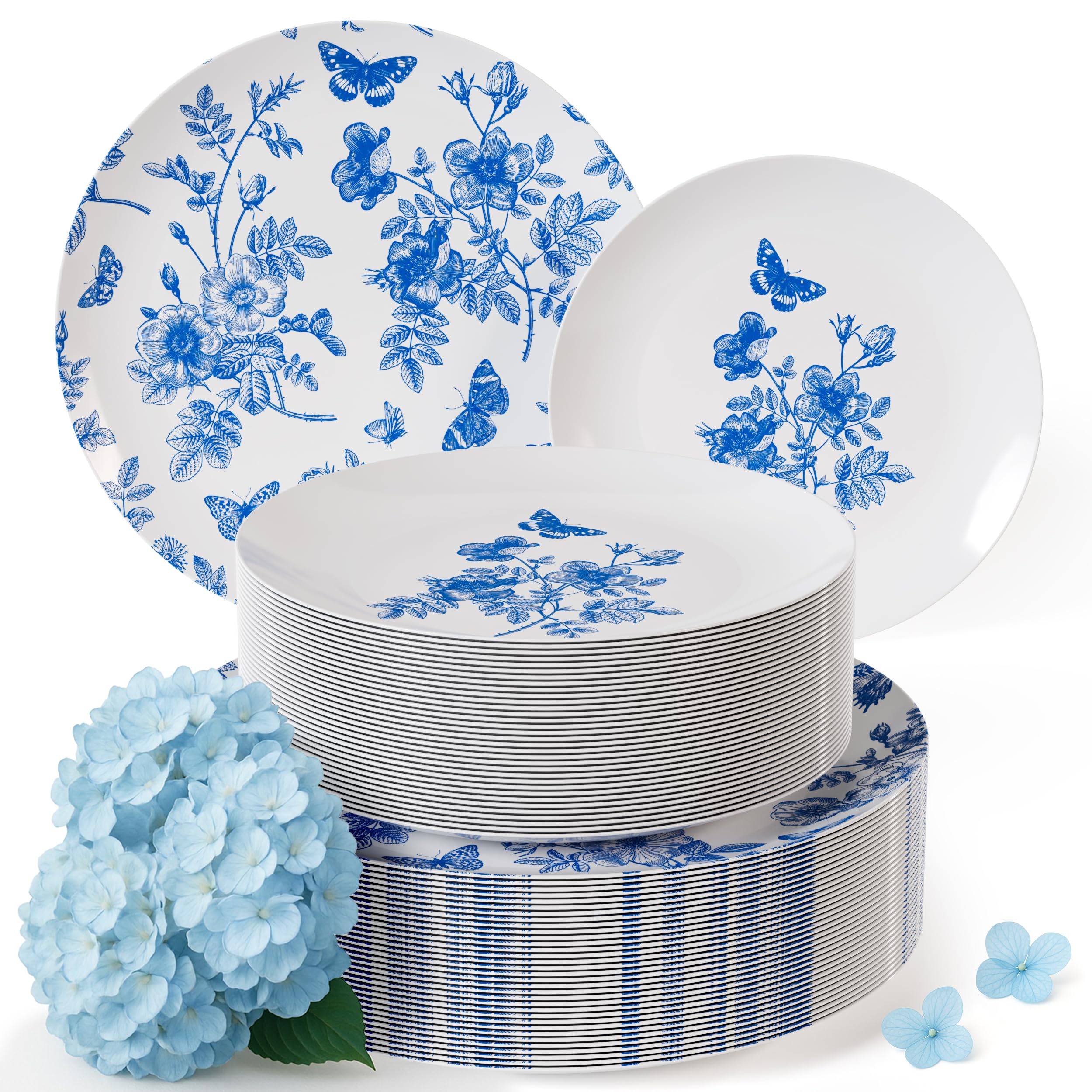 Trendables Disposable Plates For Party Supplies | Blue Floral Plastic Plates For Wedding 200 Pcs - 100 X 8 & 100 X 10 Dinner Plate Sets | Floral Plate