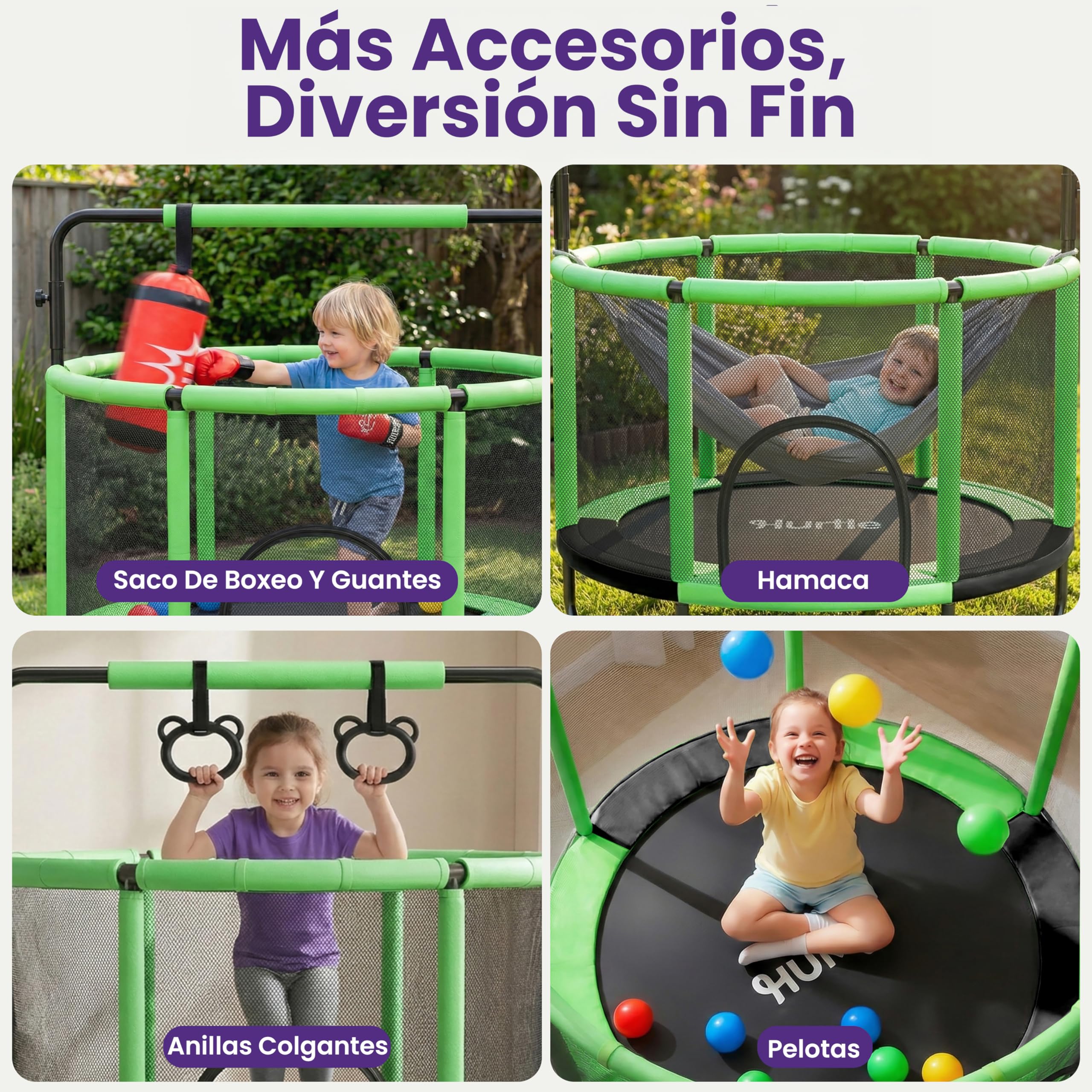 Hurtle Cama Elastica para Niños, Trampolin Infantil con Red de Seguridad, Capacidad de 199.5 kgs, Interior, Exterior, con Barra de Gimnasia Ajustable, Columpio, Saco de Boxeo y Anillos