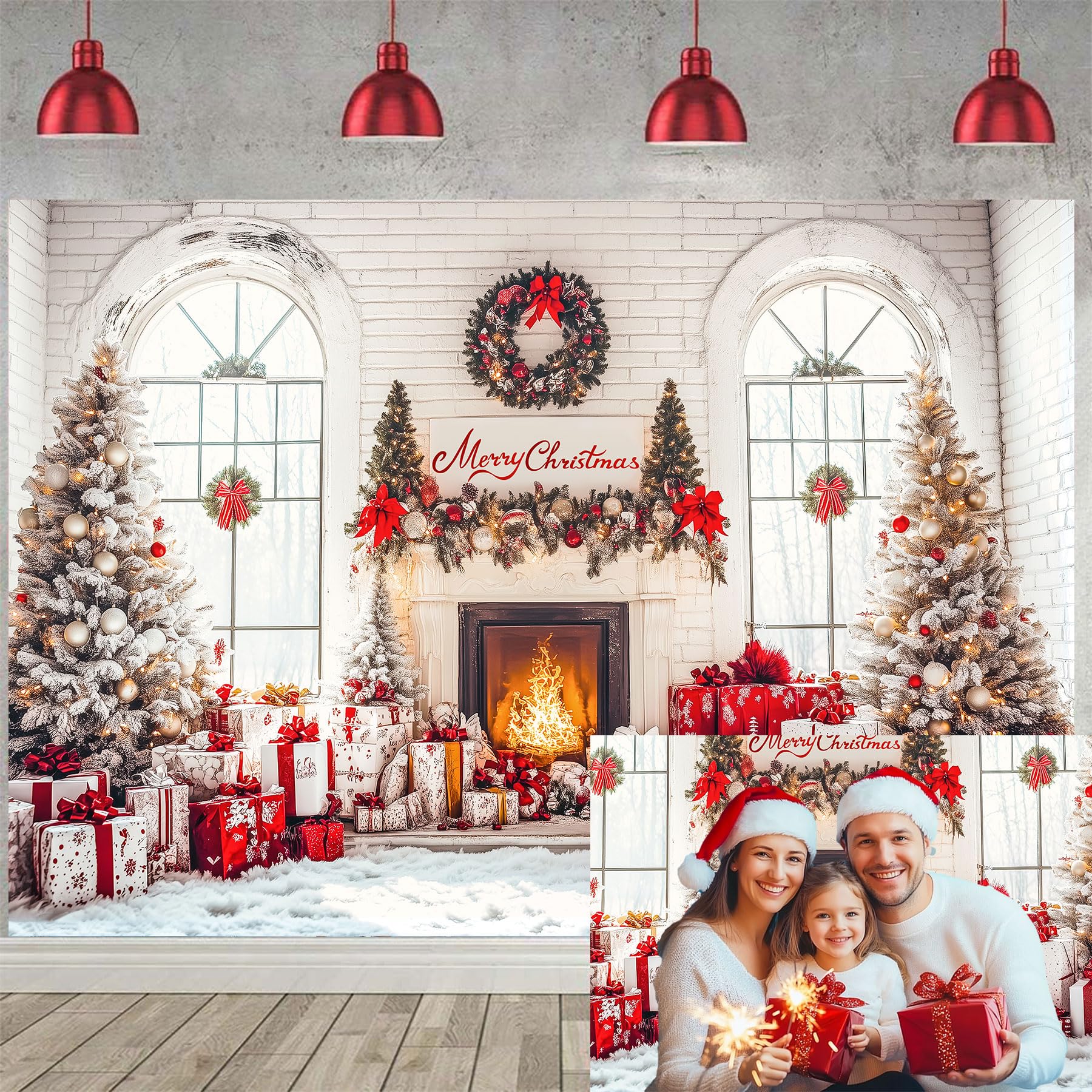 Christmas Fireplace Backdrop Photography, Merry Christmas Tree Rustic White Brick Wall Window Party Decor Background, Xmas Holiday Family Supplies