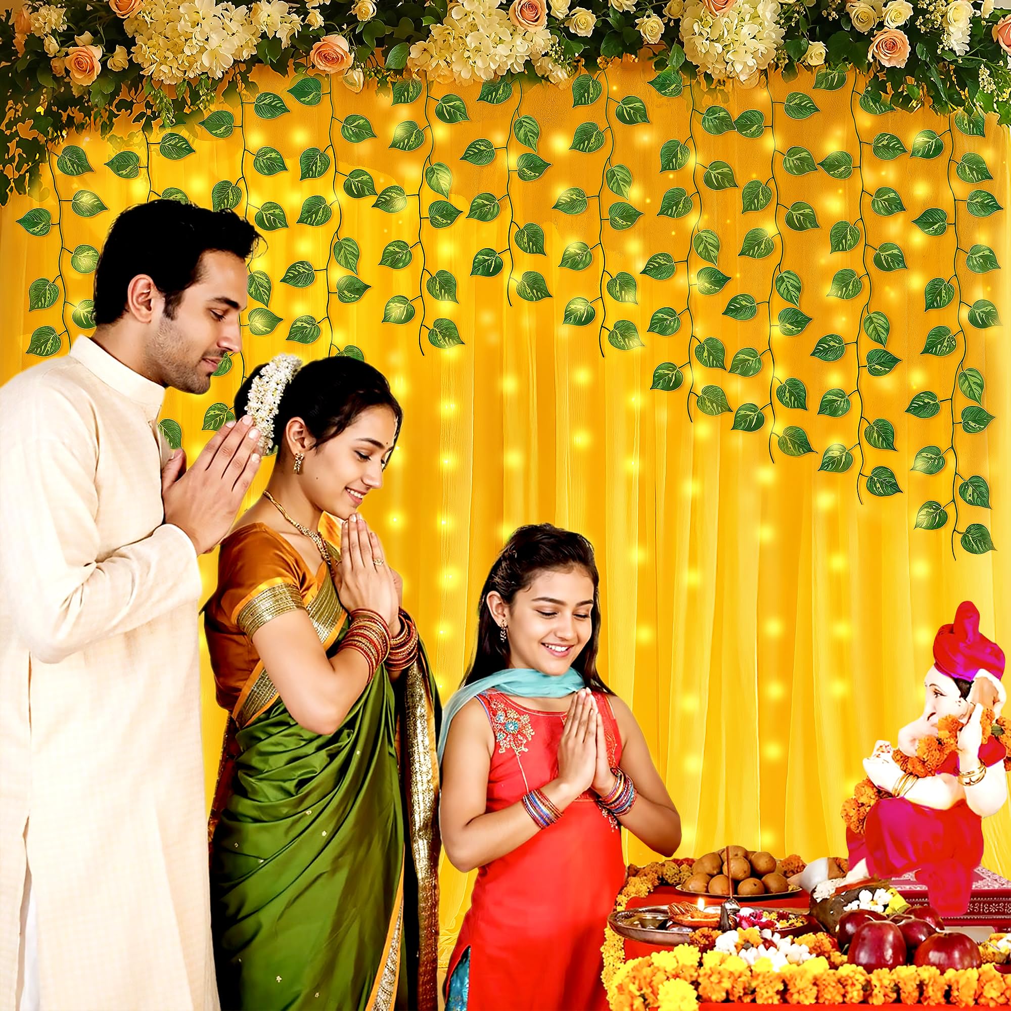 Party Propz Navratri Decoration Items, Diwali Decoration for Home Decor, Yellow Backdrop for Decorations, Backdrop Cloth for Decorations Pooja, Haldi Decor (8Pc)(Light 9m, Leaves, Satin Mix) - Image 5 thumbnail