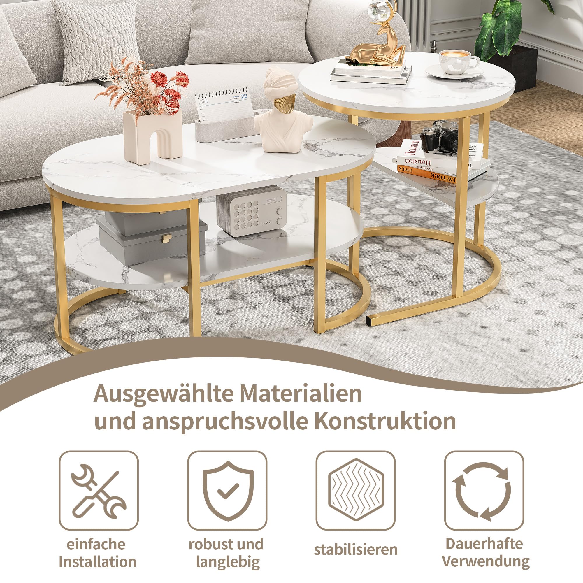 Juego de 2 mesas de café con aspecto de mármol, mesa auxiliar moderna con estructura de metal dorado, mesa auxiliar ovalada y redonda con 2 estantes para salón, mesa de café que ahorra espacio