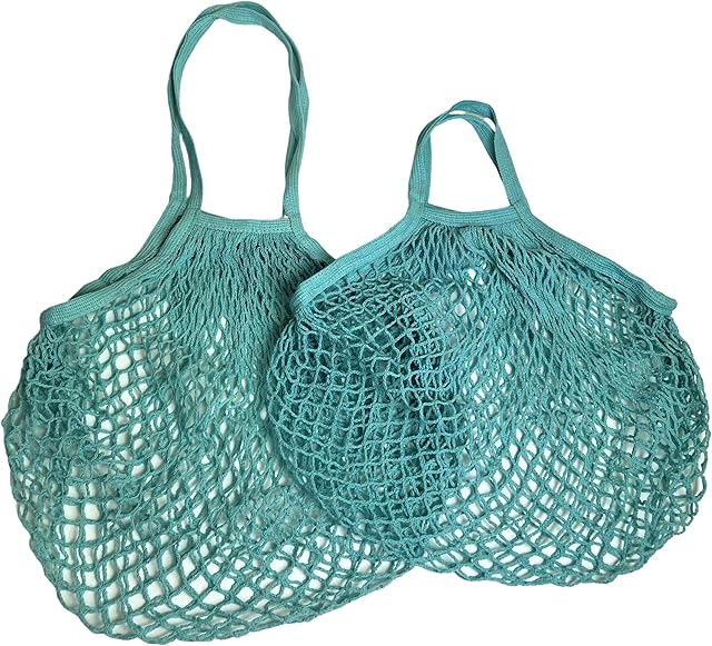 Modo Reusable (Pack of 2) String Cotton Net Mesh Shopping Bags 1 Short Handle and 1 Long Handle Bag Multipurpose Beach Toys Storage Transport