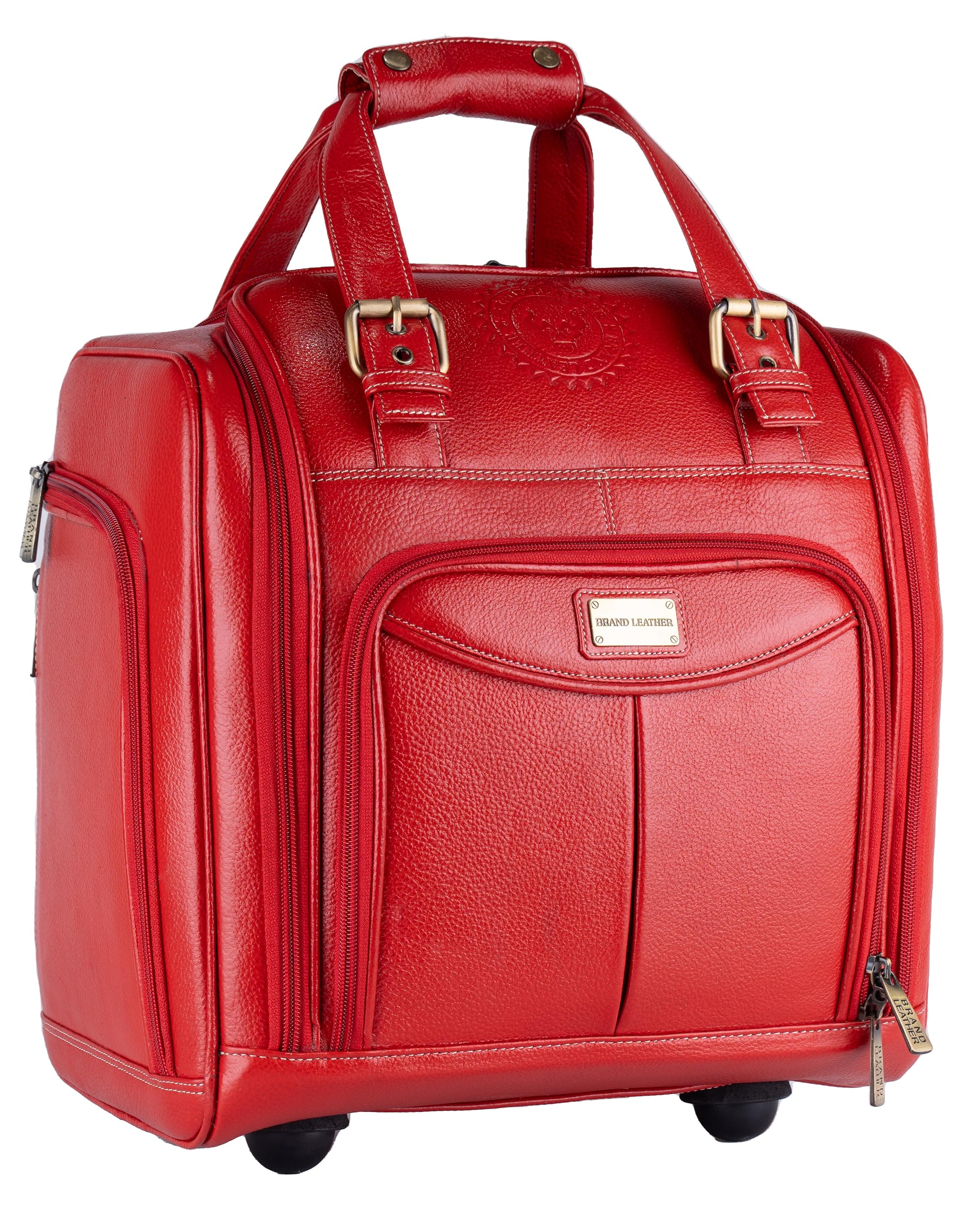 Genuine Leather Underseat Carry-On Rolling Travel Luggage Bags (RED)-image-27