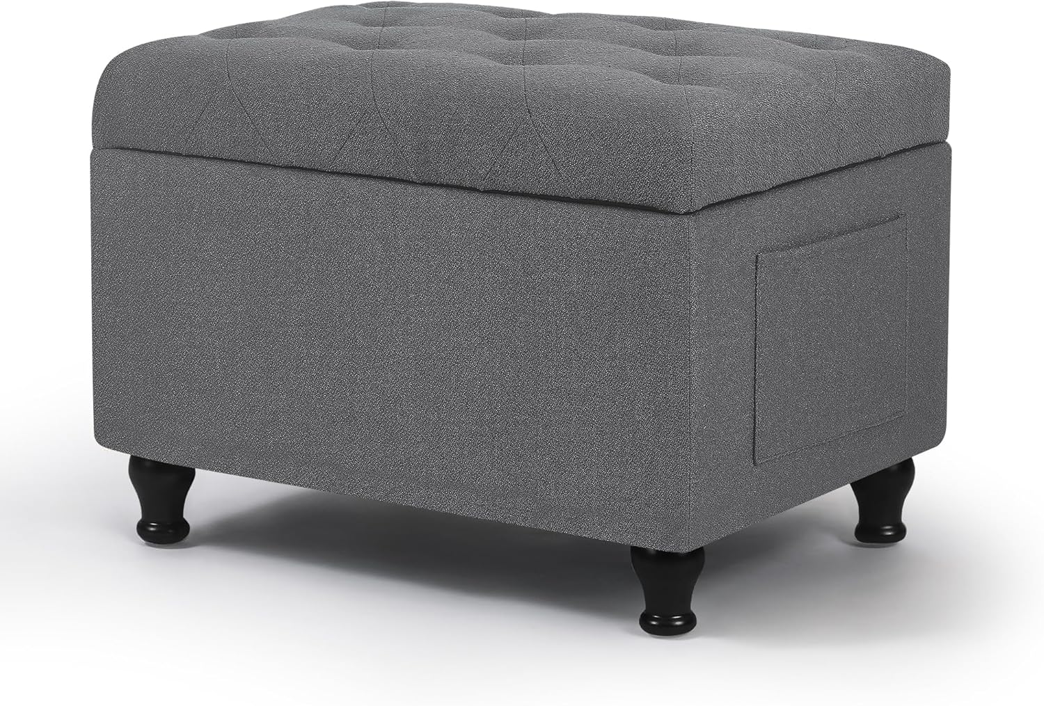 Homebeez Storage Ottoman Bench with Side Pocket, 24 Inch Linen Upholstered Rectangle Footrest Stool for Living Room, Bedroom, End of Bed, Dark Grey