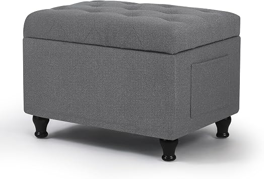 Homebeez Storage Ottoman Bench with Side Pocket, 24 Inch Linen Upholstered Rectangle Footrest Stool for Living Room, Bedroom, End of Bed, Grey