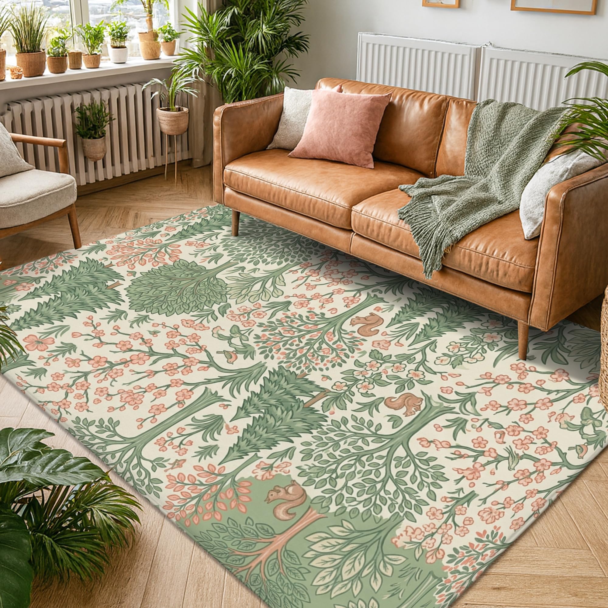 Alfombra de área floral, hojas botánicas naturales, árboles, primavera, verde, esponja, pelo bajo, suave, rectangular, resistente a las manchas, para sala de estar, dormitorio, debajo de la mesa