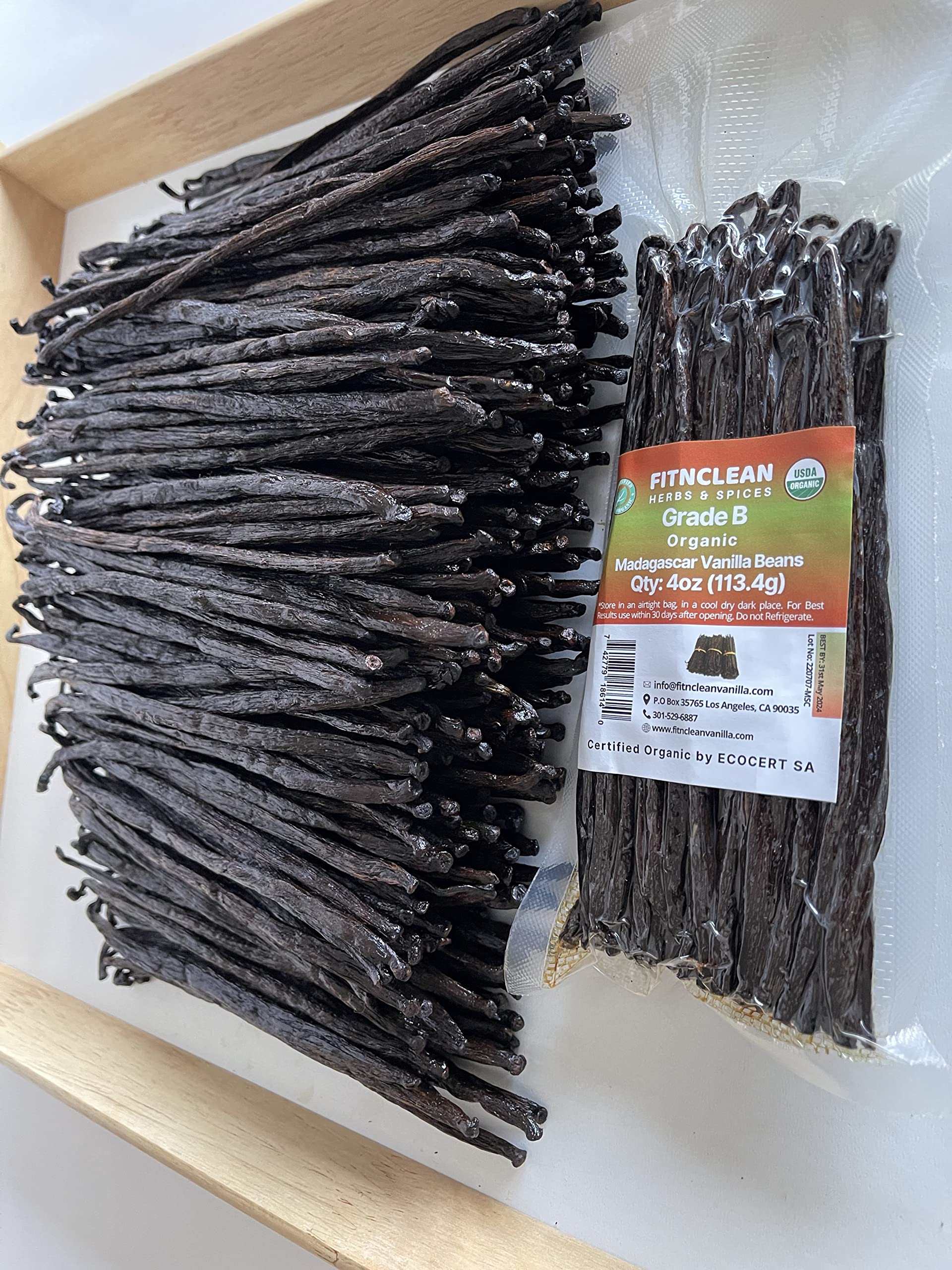 4oz Madagascar Vanilla Beans Organic Grade B. 5"-7" by FITNCLEAN VANILLA for extract, Cooking and Baking| 1/4Lb Whole NON-GMO Pods. Certified USDA Organic.