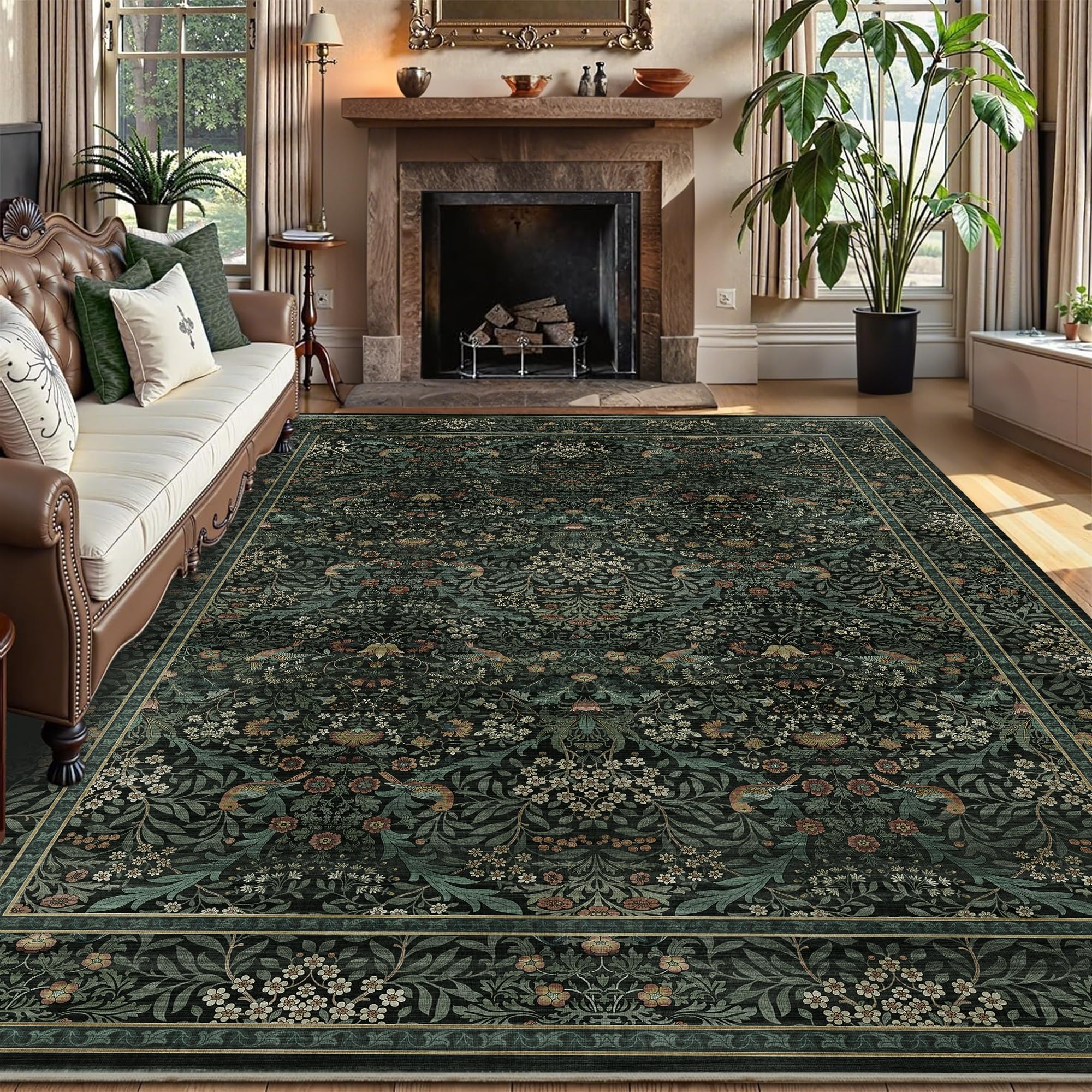 6x9 Floral Washable Area Rug for Living Room, Vintage Boho Large Rug for Bedroom Dining Room， Distressed Botanical Birds Non Slip Low Pile Forest