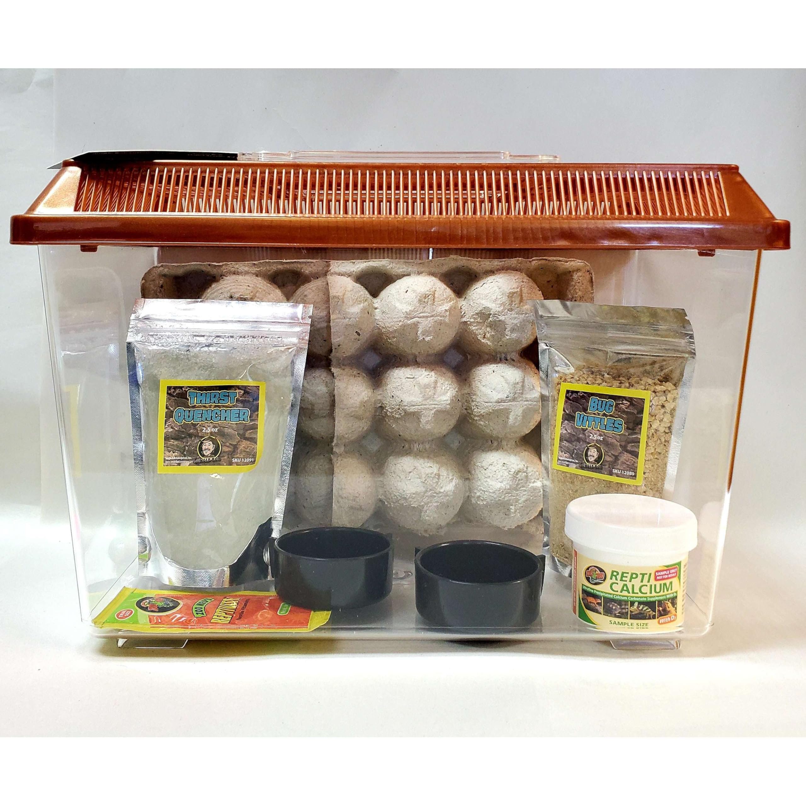 Jungle Bob Dubia Keeper Kit with 11x8x8 Escape-Proof Plastic Tank & Ventilated Lid, Bug Vittles, Thirst Quencher, Vitamins, Egg Crate, & Feeding Dish