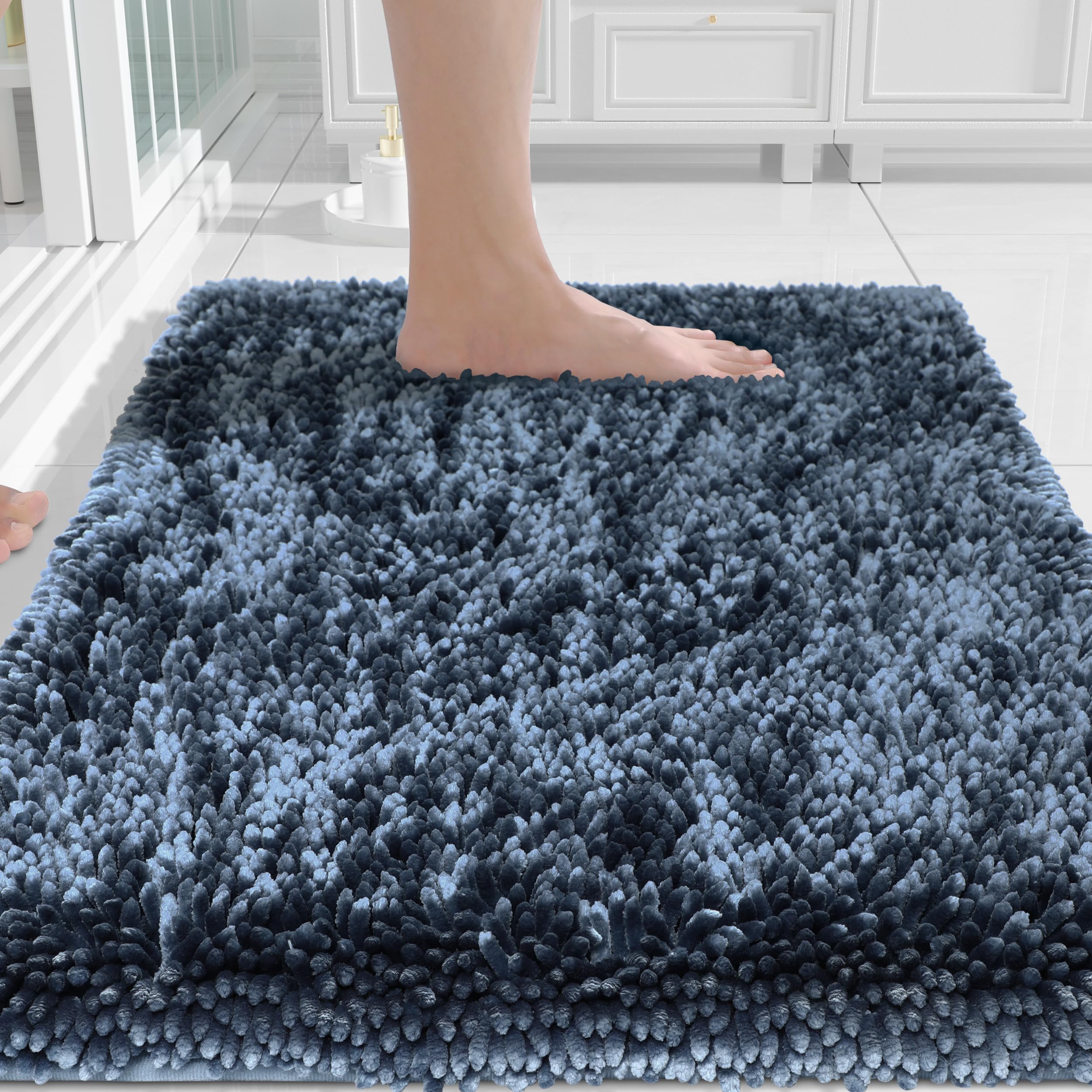 Yimobra Chenille Bathroom Rugs Non Slip, Extra Thick Soft Absorbent Bath Rug, Machine Washable Quick Dry Bath Mat for Bathroom Floor, Tub and Shower, Home Decor Accessories, 24x17, Light Blue