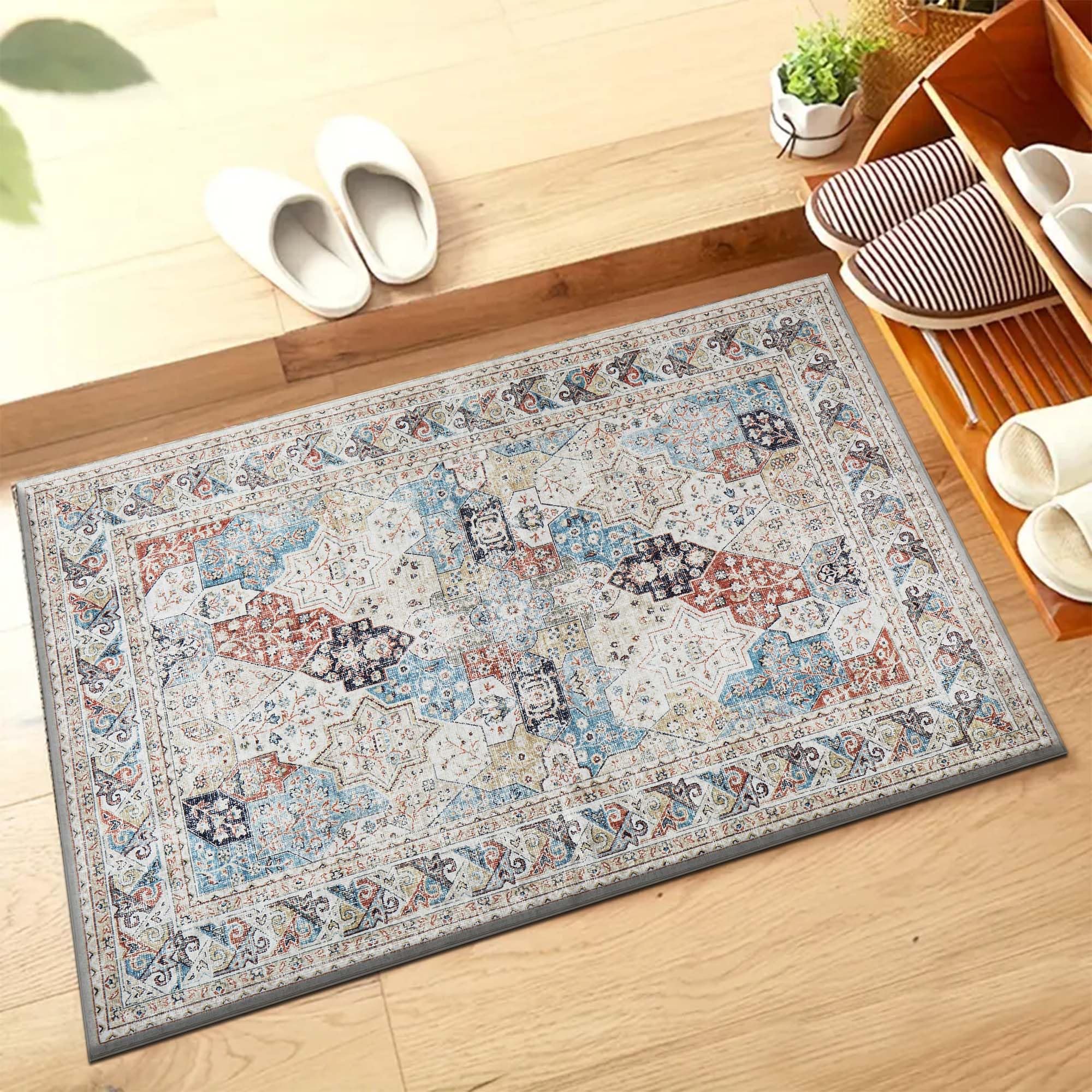 Hafaa Machine Washable Bedside Small Rug 40x60 cm - Soft Short Pile Area Rugs for Bedroom Entrway Non Slip Floor Carpet Door Traditional Vintage Design Cashmere Mat For Kitchen Bathroom, Whisper