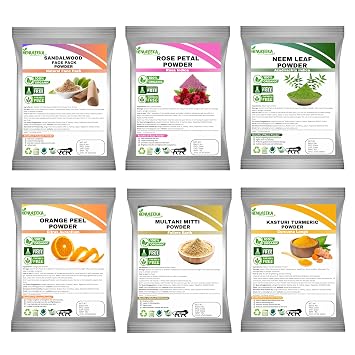 Organic Face Pack Powder Combo Of Sandalwood (chandan), Rose Petal,Multani Mitti, Orange Peel, Neem Leaf And Kasturi Turmeric Powder for Face and Skin Care (50gm Each Packet)300gm
