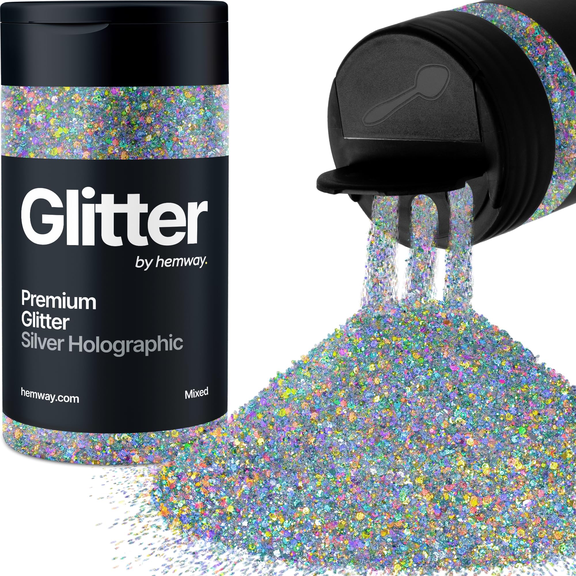 HemwayPremium Glitter Shaker - Silver Holographic Mix | Mixed Size Metallic Flake Sequins for Resin & Epoxy Crafts | Craft Supplies for Tumblers, Festival | 105 g