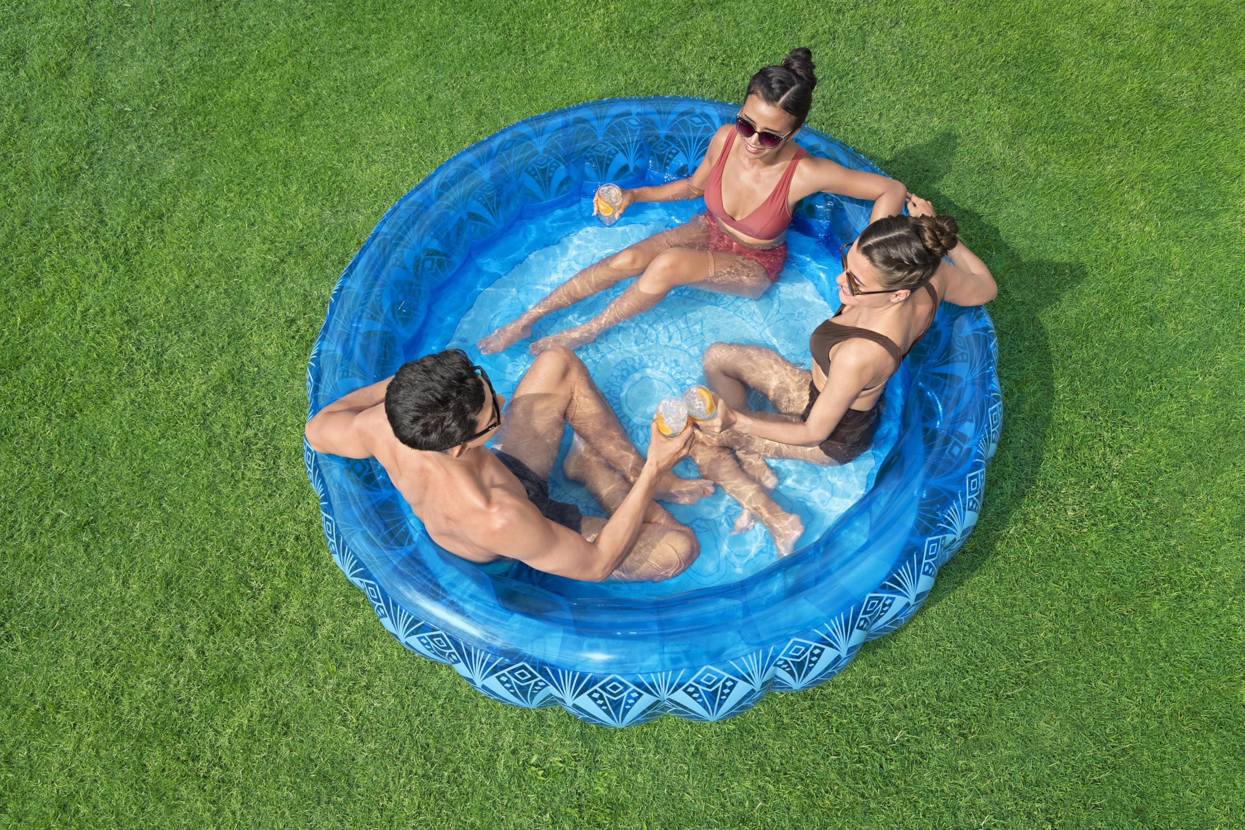 Bestway Family Pool Bohème, Ø 168 x 53 cm, 401 Liter, PVC, I-Beam-Konstruktion, Böhmisches Design, 2 Getränkehalter, Extrabreite Seitenwände, Schnellverschlussventil, Ab 6 Jahren