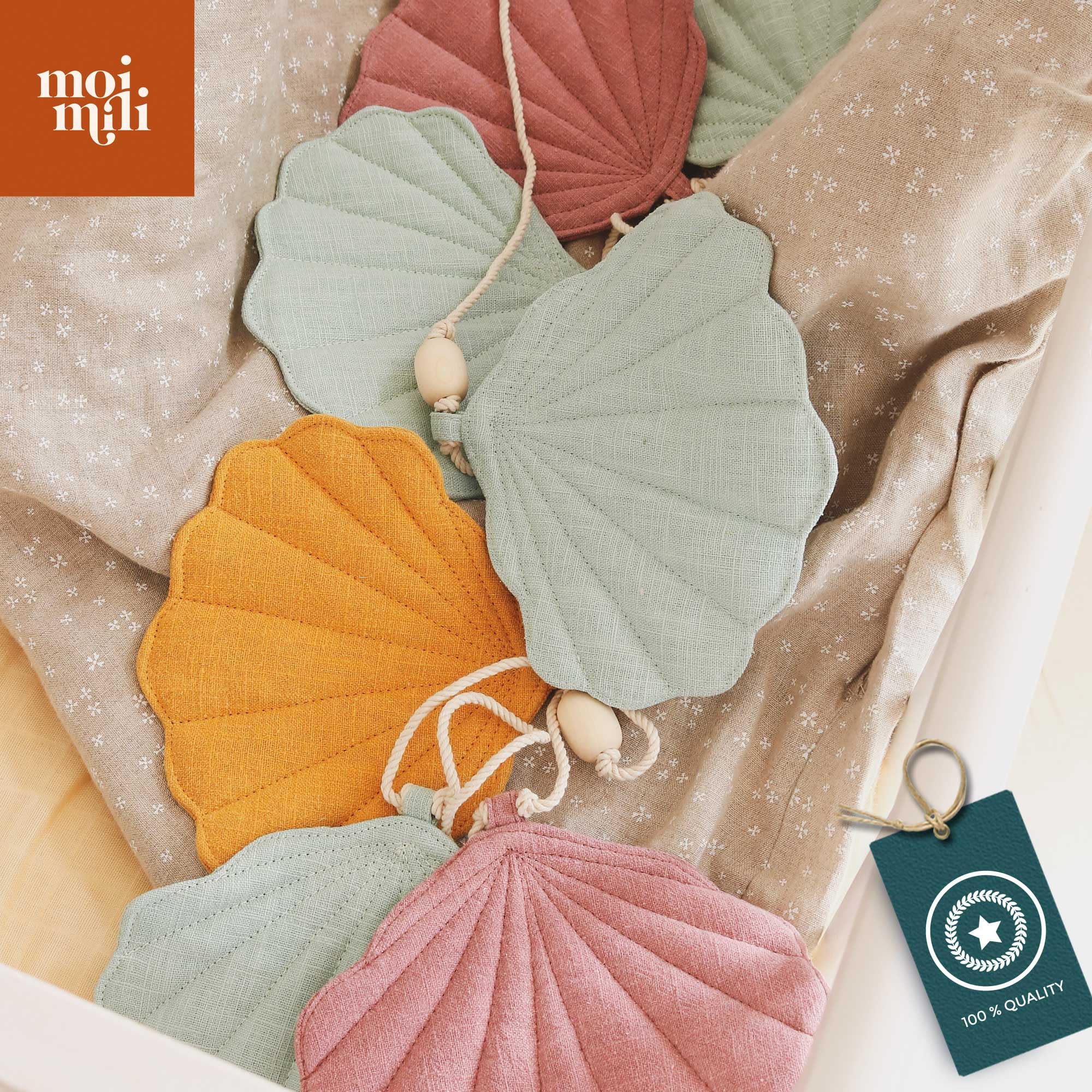 Moi Mili Deko-Girlande Banner mit 7 Muscheln 300 cm Wanddekoration Kinderzimmer Leinen Muscheln Baumwollkordel