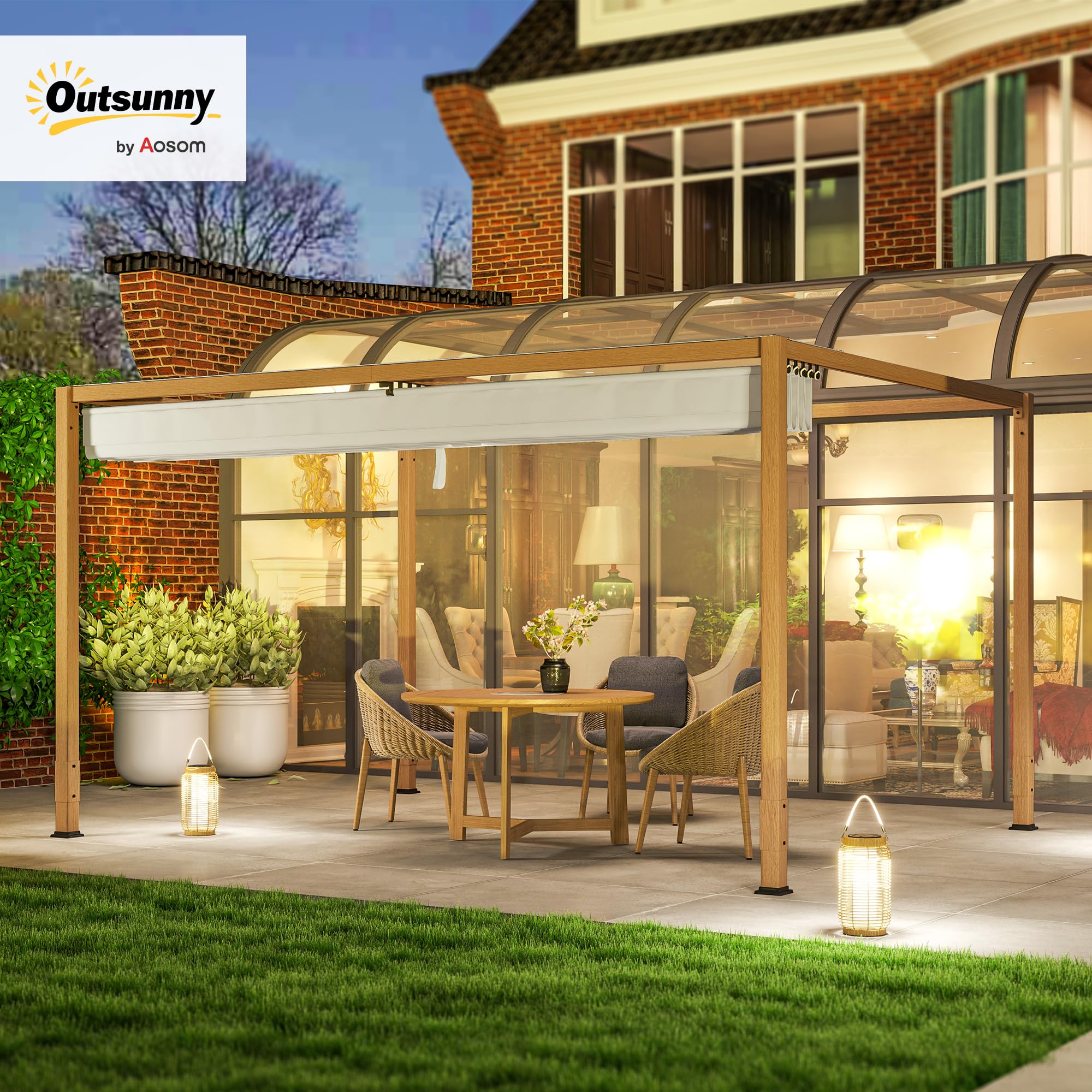 Outsunny Pergola Aluminium pergola Jardin extérieur 4 x 3 m avec Toit rétractable, système de Drainage, tonnelle de Jardin abri Soleil pour terrasse Patio véranda, Bois Naturel