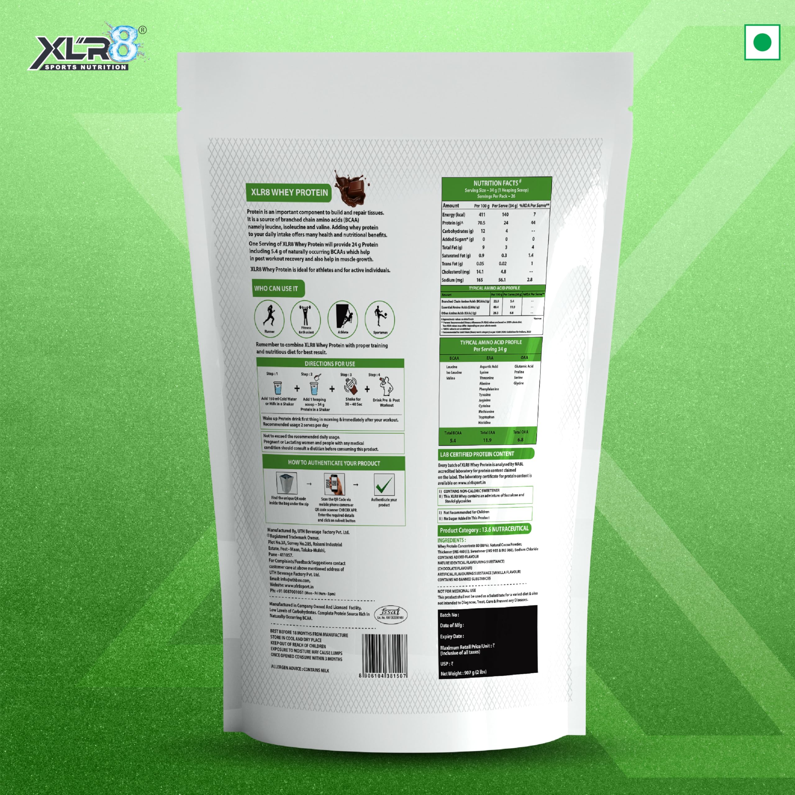 XLR8 Whey Protein Powder | 24g Protein Per Scoop | No Added Sugar | Lab Certified |Supports Muscle Recovery & Active Lifestyles | Vegetarian | Chocolate | 907 g 3