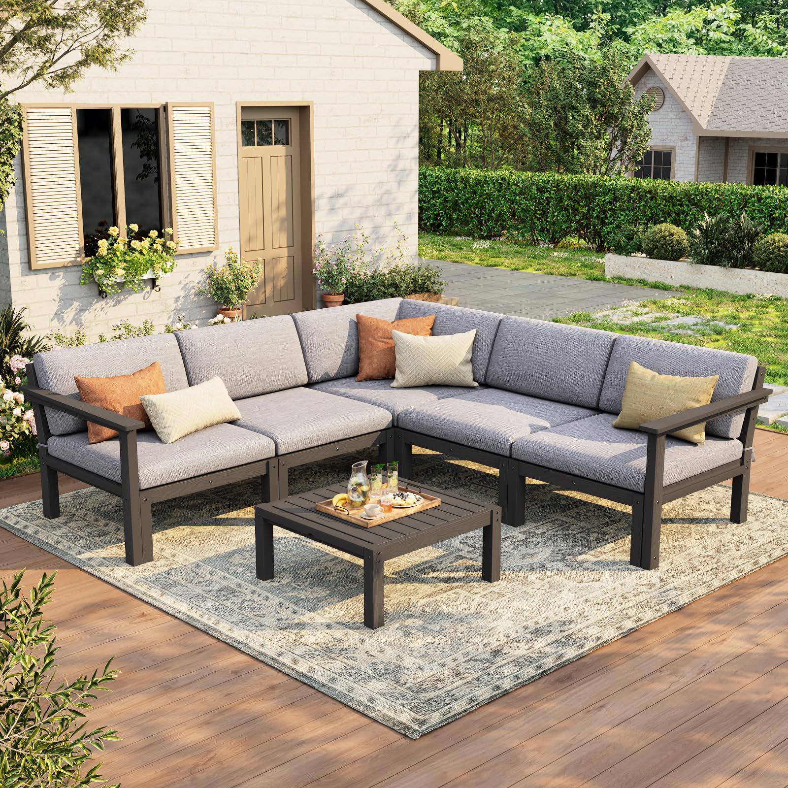 Stoog 6-Piece Patio Sectional Sofa Set, Modular Outdoor Furniture Set - All-Weather Waterproof HIPS Frame &amp; Quick-Dry Olefin Cushions, Black