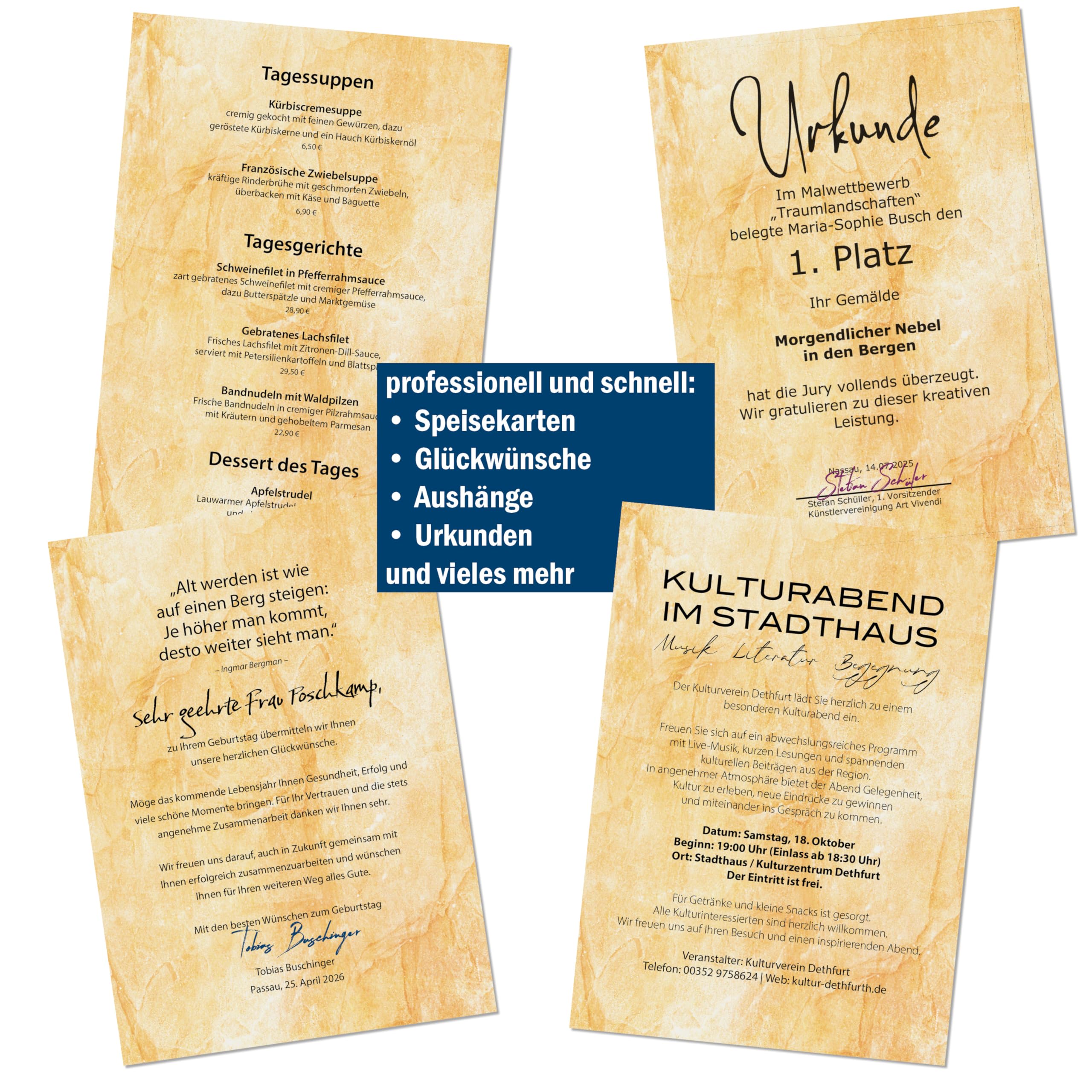 Urkundenpapier DIN A4 190g 100 Blatt „Carrara Classic“ Marmor Design beige – beidseitig bedruckt – inkl. Textvorlagen zum Download