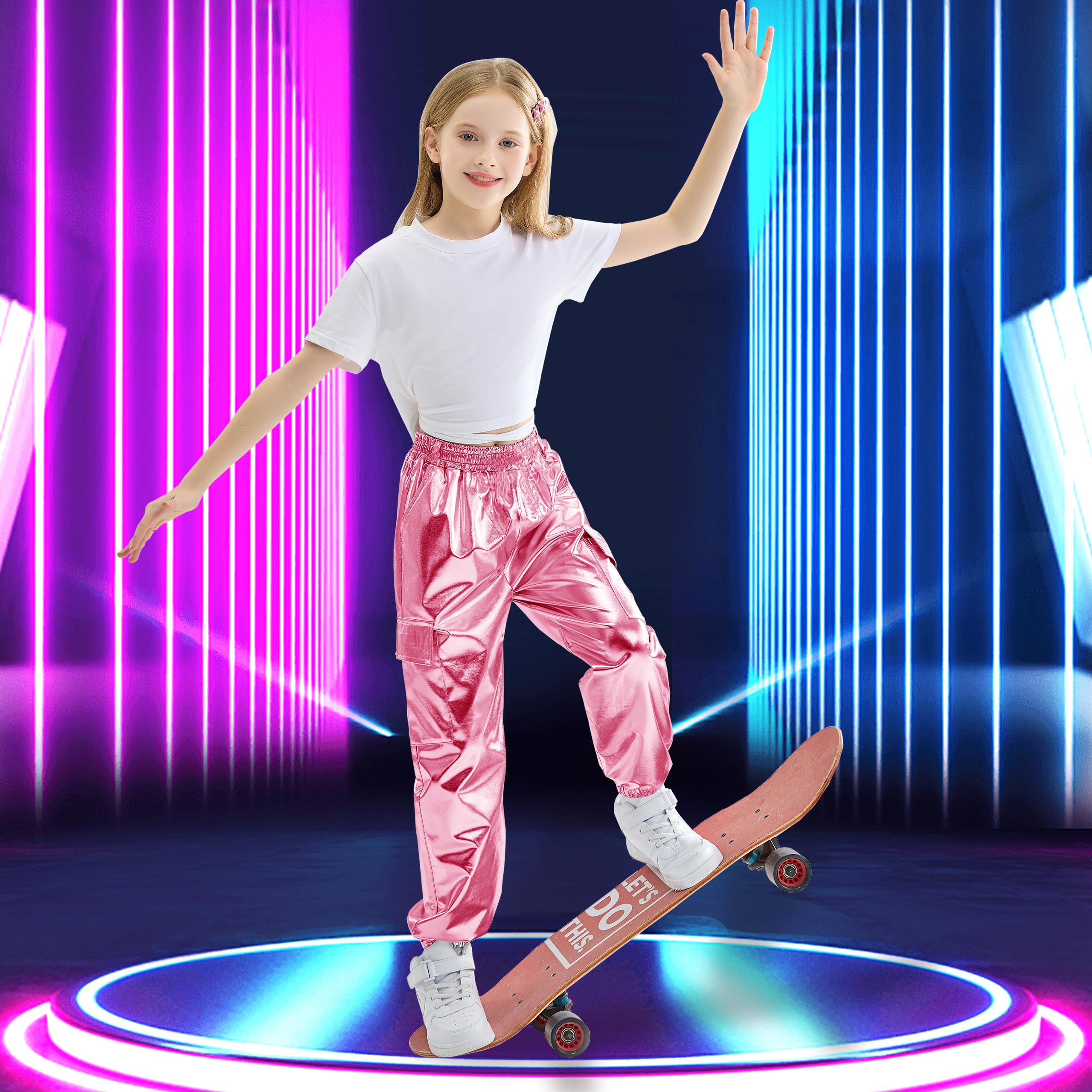 Rolanko Pantalones Cargo Niñas, Dance Hip Hop Pantalones Metálicos Brillantes Cintura Elástica Retro Streetwear