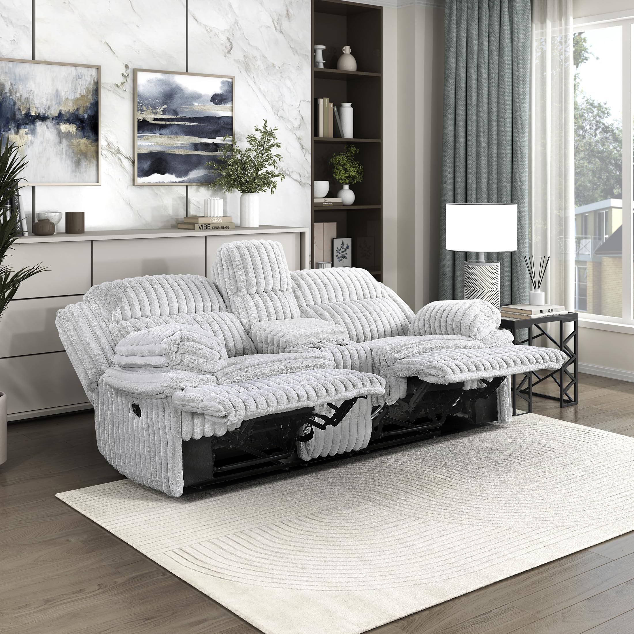 Lexicon Manual Double Reclining Loveseat with Center Console, Corduroy Manual Wall Hugger Recliner Couch, Pillow Top Arms, Cup Holders, Hidden Storage, Cozy Loveseat for Living Room, Gray