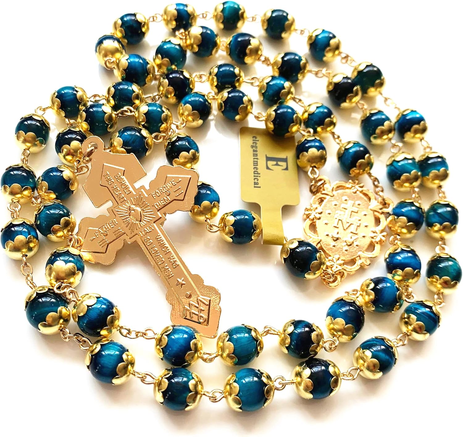 elegantmedical HANDMADE Tiger Eye Prayer Beads Catholic Rosary Necklace Gift Box Italy Crucifix Gold