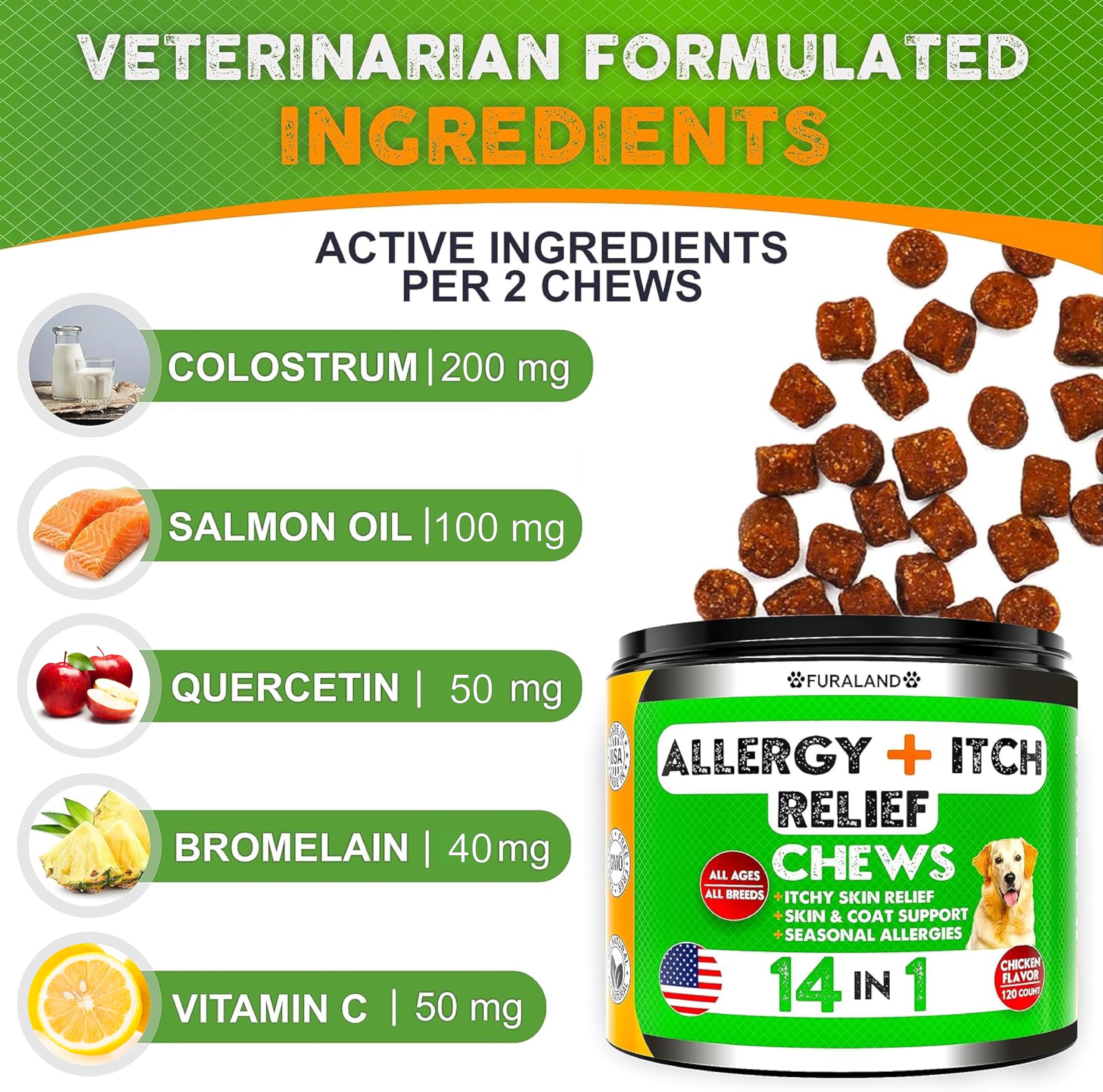 Mastica per alleviare le allergie del cane, sollievo dal prurito del cane, olio di pesce Omega 3 + probiotici, prurito della pelle, allergie stagionali, supporto anti prurito e punti caldi,