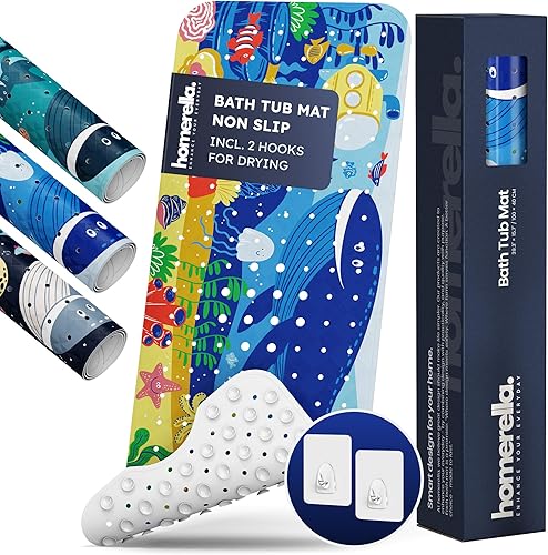 Homerella - Alfombrilla de baño antideslizante y antideslizante para niños, sin BPA, incluye ganchos - Homerella Ocean Sea Animals 40x16, tapete de