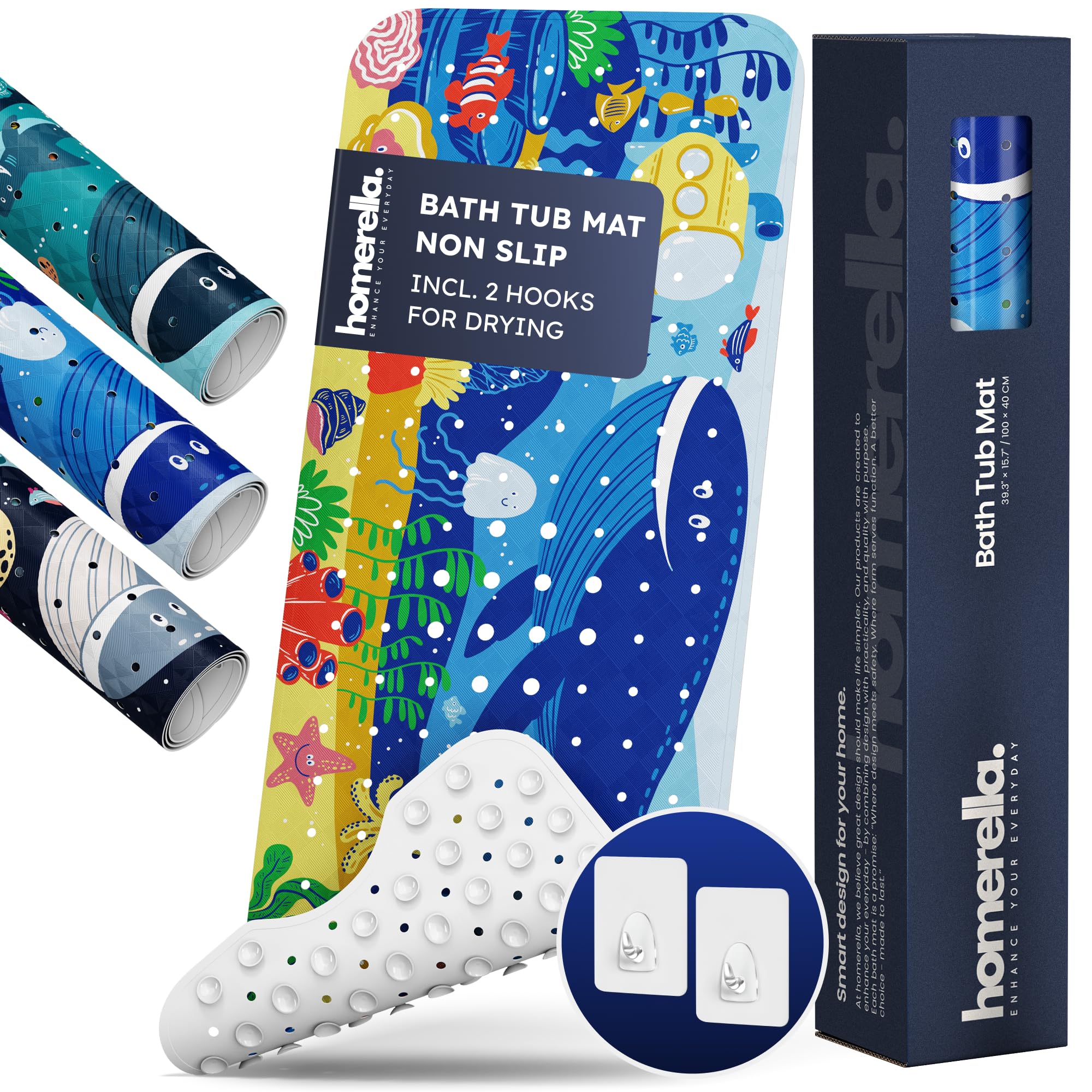 Bath Tub Mat Non Slip Anti Mold for Kids BPA Free INCL Hooks - homerella® Ocean Sea Animals 40x16, Baby Bath Mat Non Slip 200 Suction Cups, Non Toxic Machine Washable Toddler Bath Mat, EU Certified
