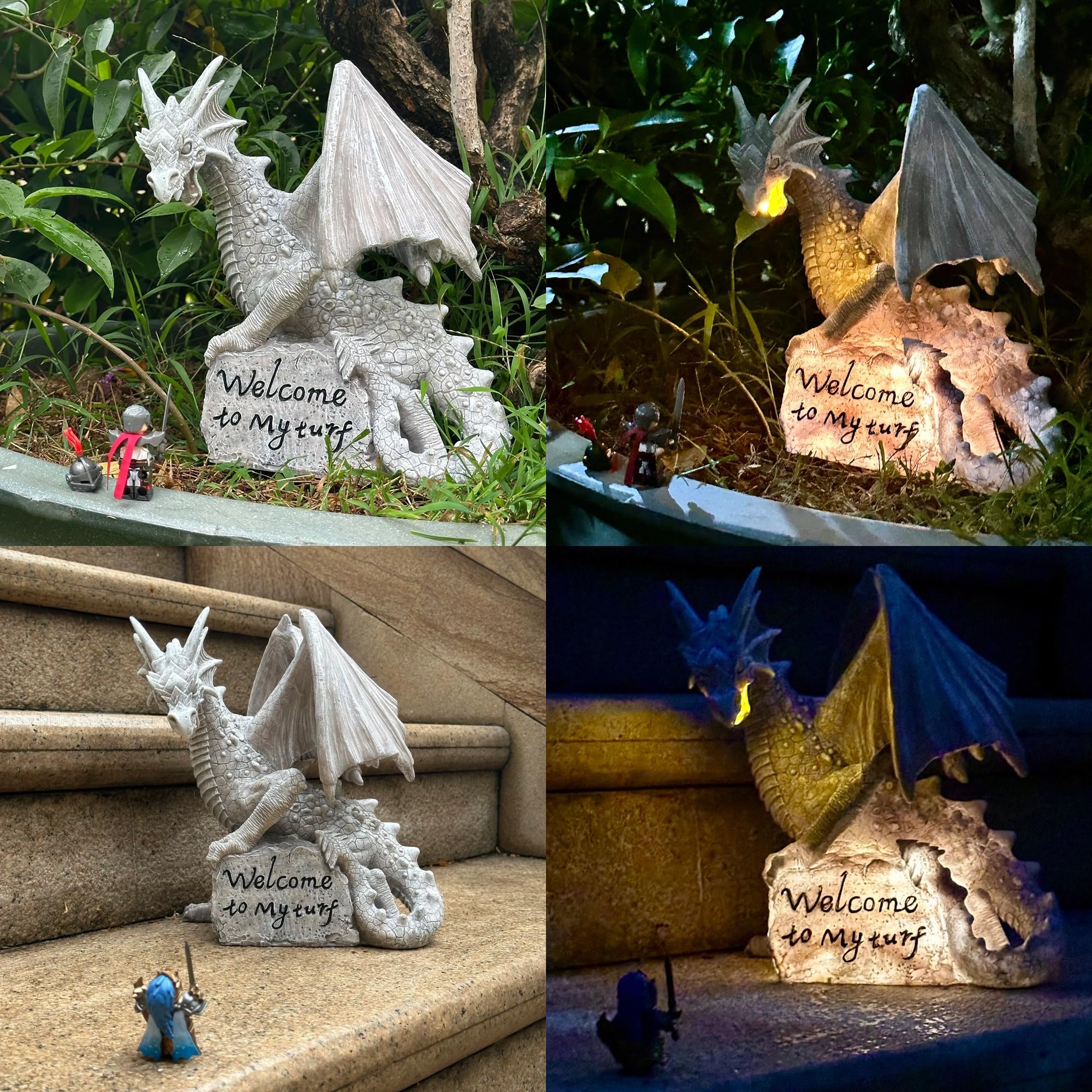 Estatua de dragón grande de jardín, funciona con energía solar, decoración de luz para exteriores con letrero de bienvenida a mi césped, escultura de resina, decoración del hogar, adorno de