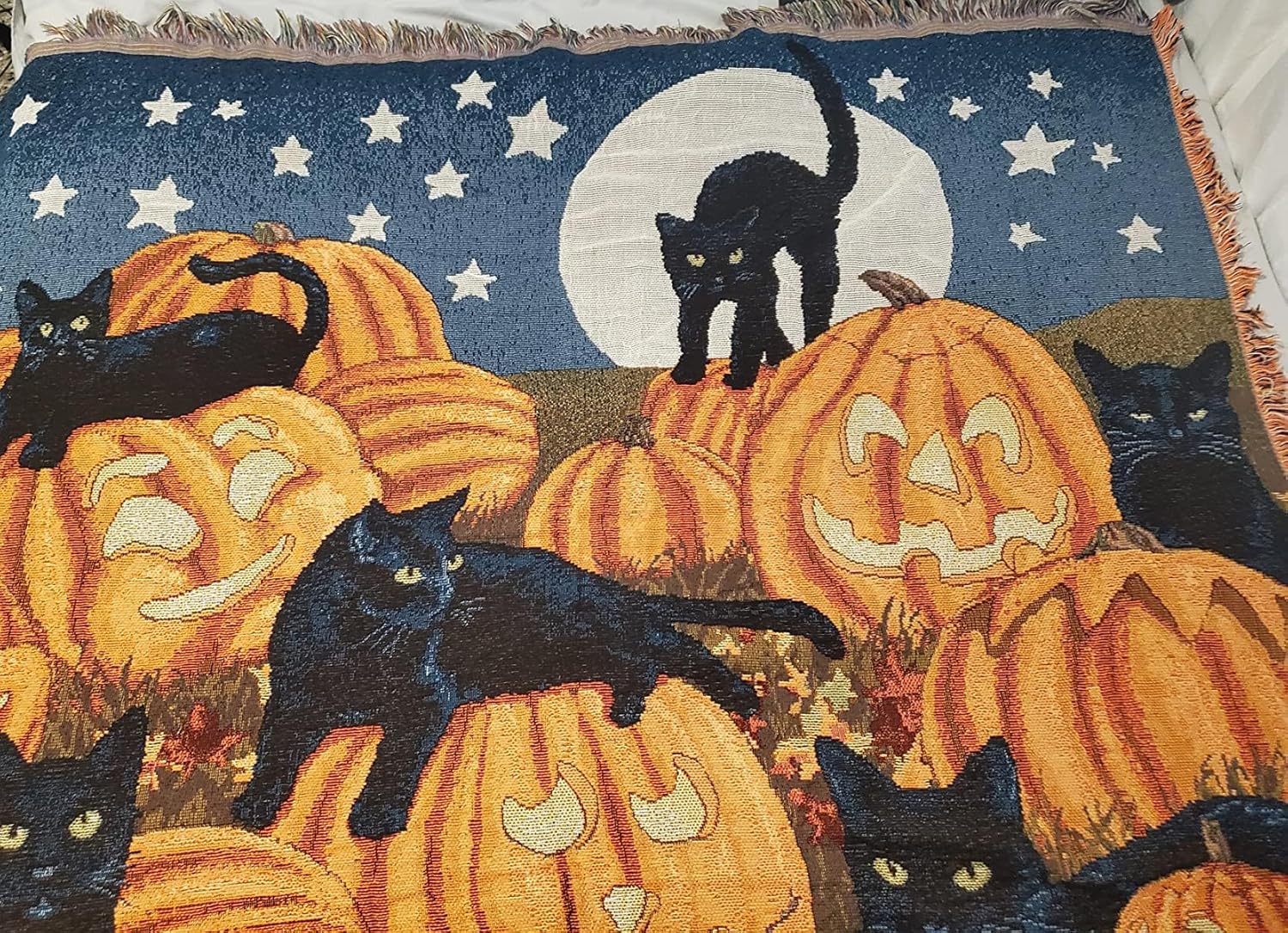 Halloween Throw Blanket Fall with Pumpkin -Black Cat Knitted Autumn Blanket for Cat Lover Gift (Orange-50”*63")