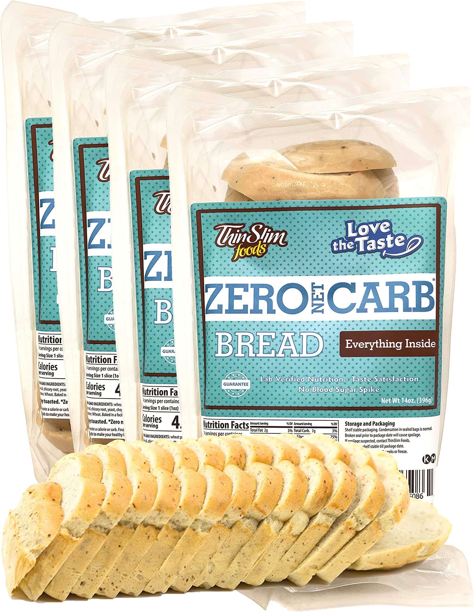 ThinSlim Foods Zero Net Carb Keto Bread | Low Carb Bread | Keto Friendly Food - Everything Inside, 14oz. (Pack of 4)