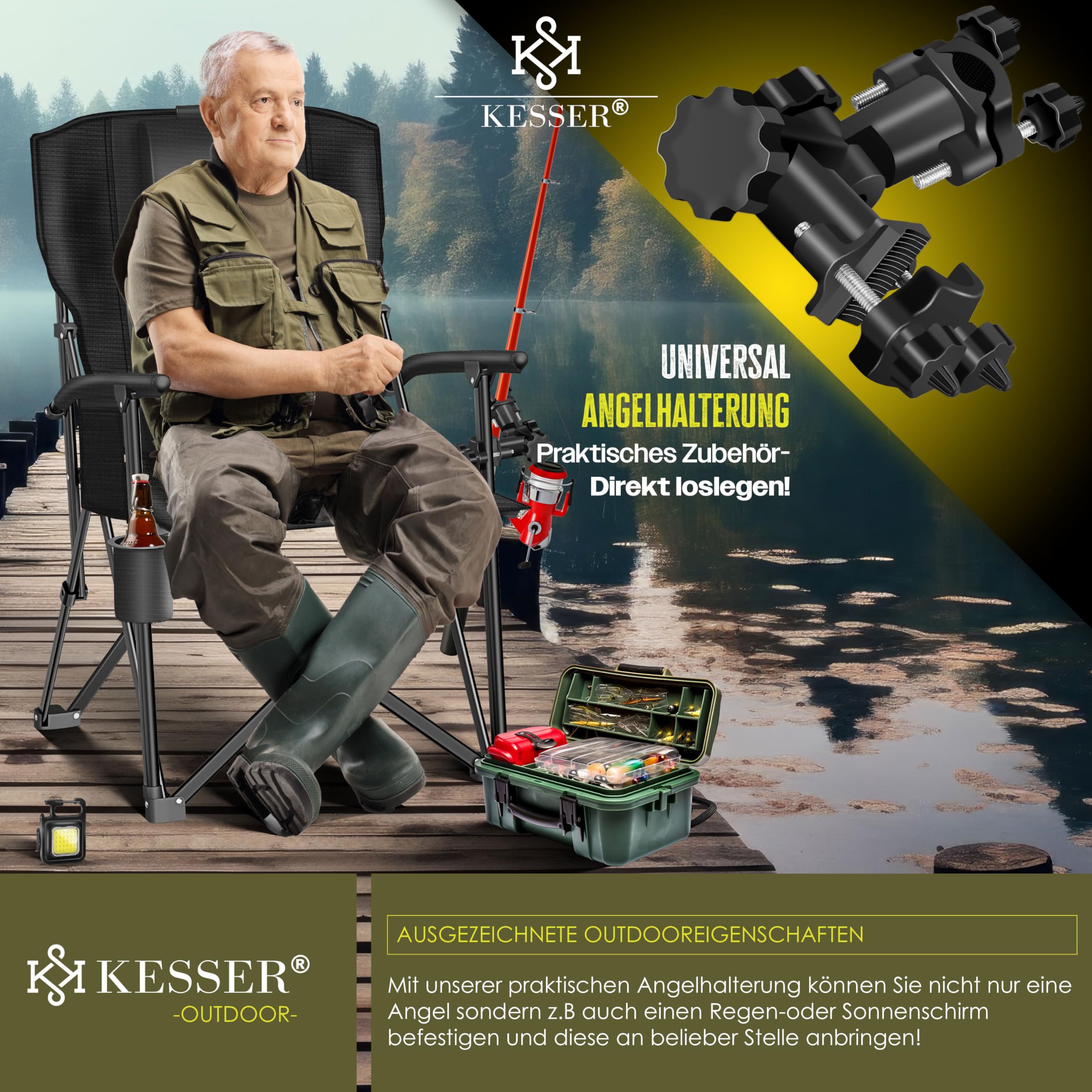 KESSER® Campingstuhl faltbar bis 160 kg | Angelstuhl Faltstuhl Klappstuhl Gepolstert mit Armlehnen | Campinglicht und Getränkehalter + Tasche mit hoher Rückenlehne | Strandstuhl mit Angelhalterung