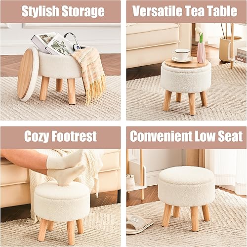 Miniatura 5 de Poofzy Otomana Pequeña con Almacenamiento, Taburete Pequeño con Patas de Madera, Reposapiés Sherpa para Sofá, para Sala de Estar y Dormitorio -