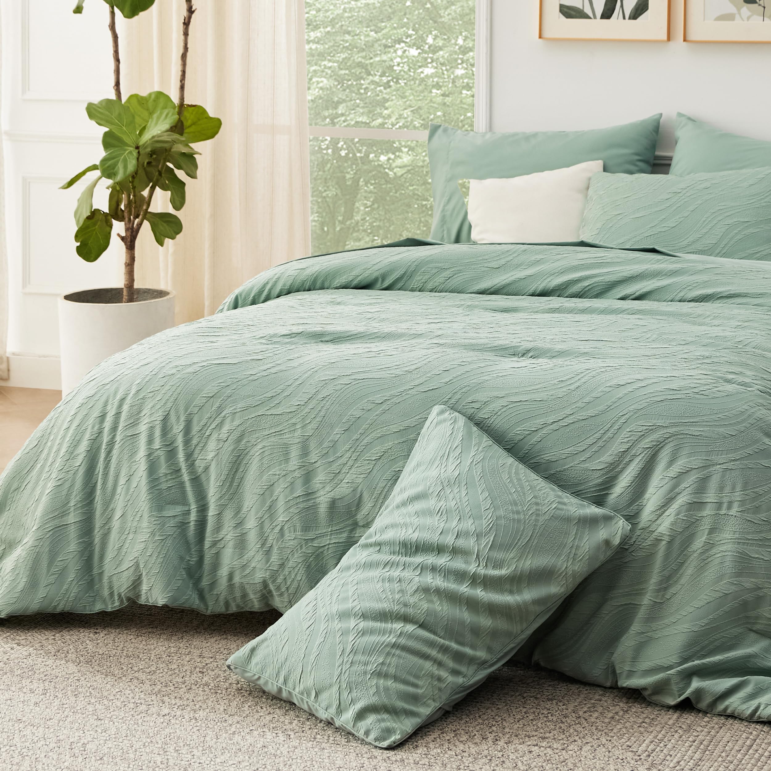 (similar) Bedsure King Comforter Set - 7 Pieces Wave Jacquard Comforter Bedding Set, Bed in a Bag with Comforter, Flat Sheet, Fitted Sheet, Pillowcases & Shams, Sage Green
