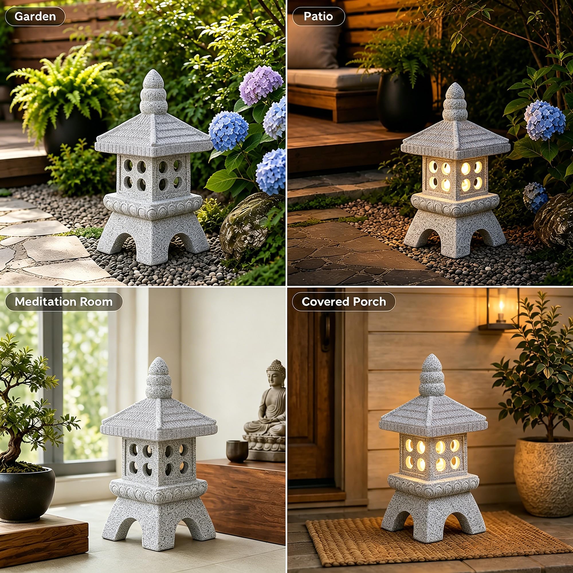 Yeomoo Pagoda solar con iluminación LED, decoración de jardín zen de piedra de resina, para jardín, terraza e interior, resistente a la intemperie, para mujeres y hombres, 29 cm