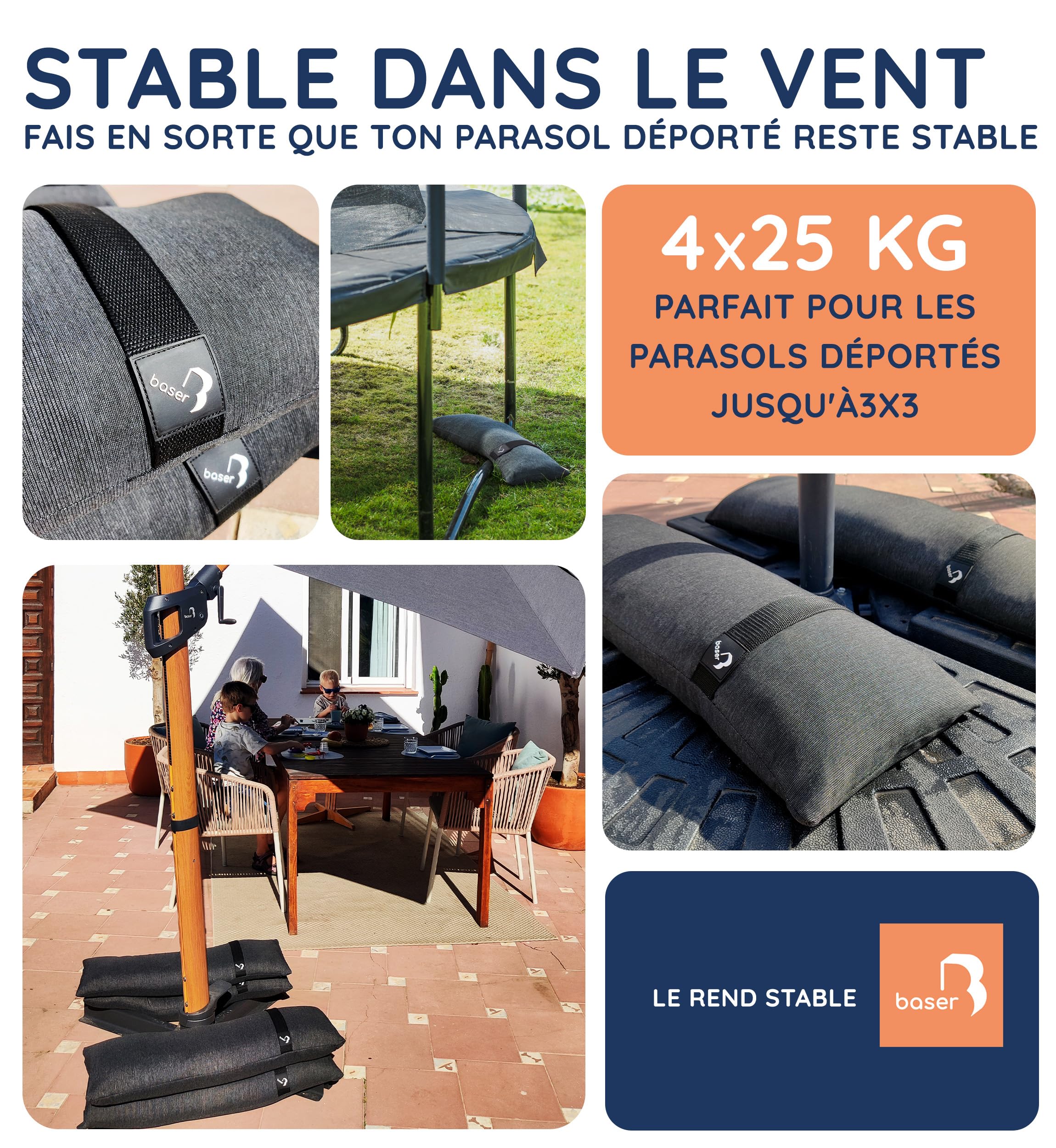 Baser Poids pour tonnelle Sacs de Sable 4x25kg – Lestage XXL (100kg) pour Barnum Pliant & Parasol – Sac Jardin Résistant aux intempéries, sans Sable