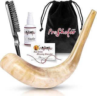 Shofar Set (Velvet Carry Bag, Odor neutralizer spray, Cleaning Brush, Guide and Red Bracelet from Holy Land) Polished Ram Shofar, Kosher Made in Israel