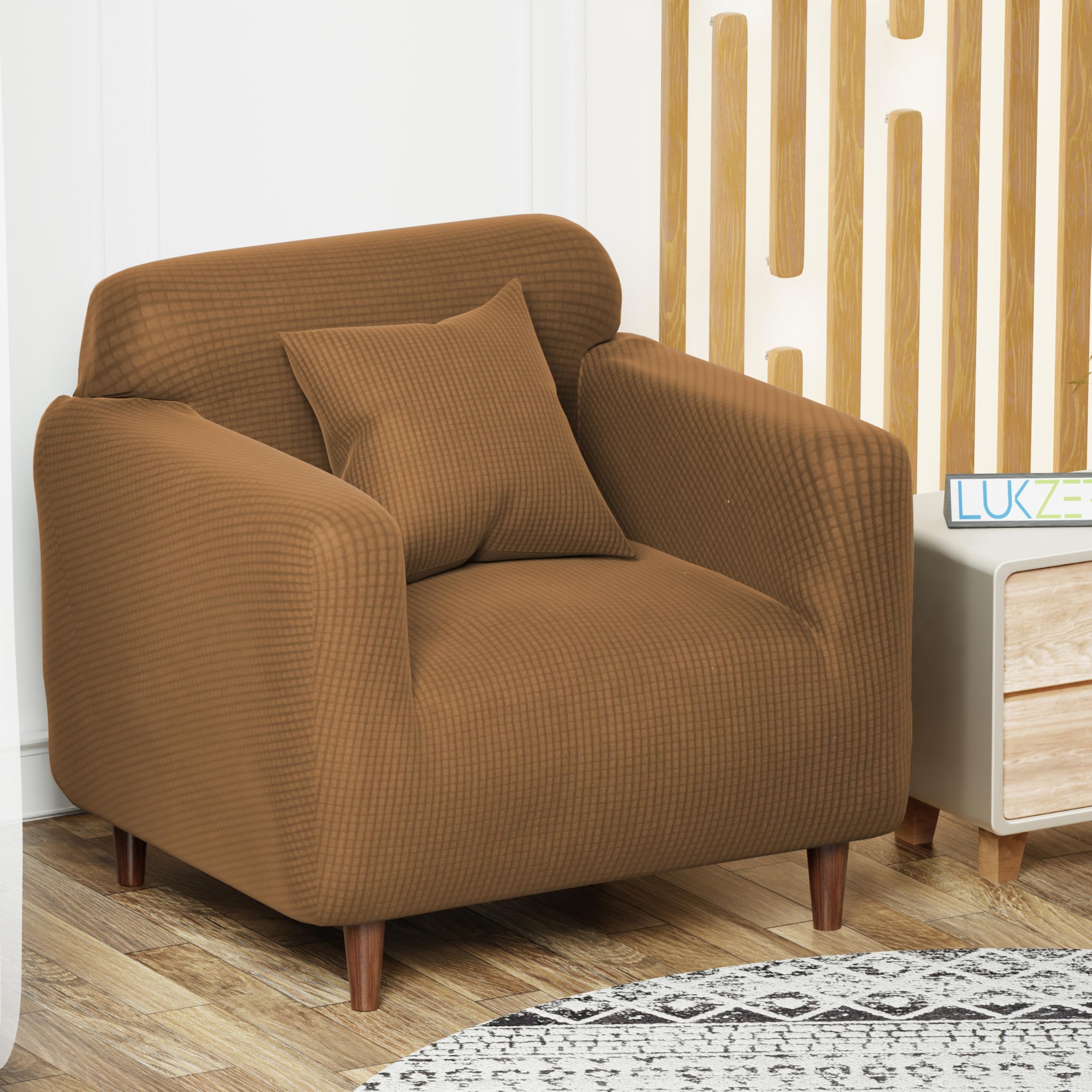 Lukzer Universal Single Seater Sofa Cover 280 GSM Soft Touching Slipcover for Couch Protection with 1 Cushion Cover (Textured Dark Beige Checked/90-140cm/Jacquard Fabric) SC-058-01 (B0BDZ5C11P) Amazon Price History, Amazon Price Tracker
