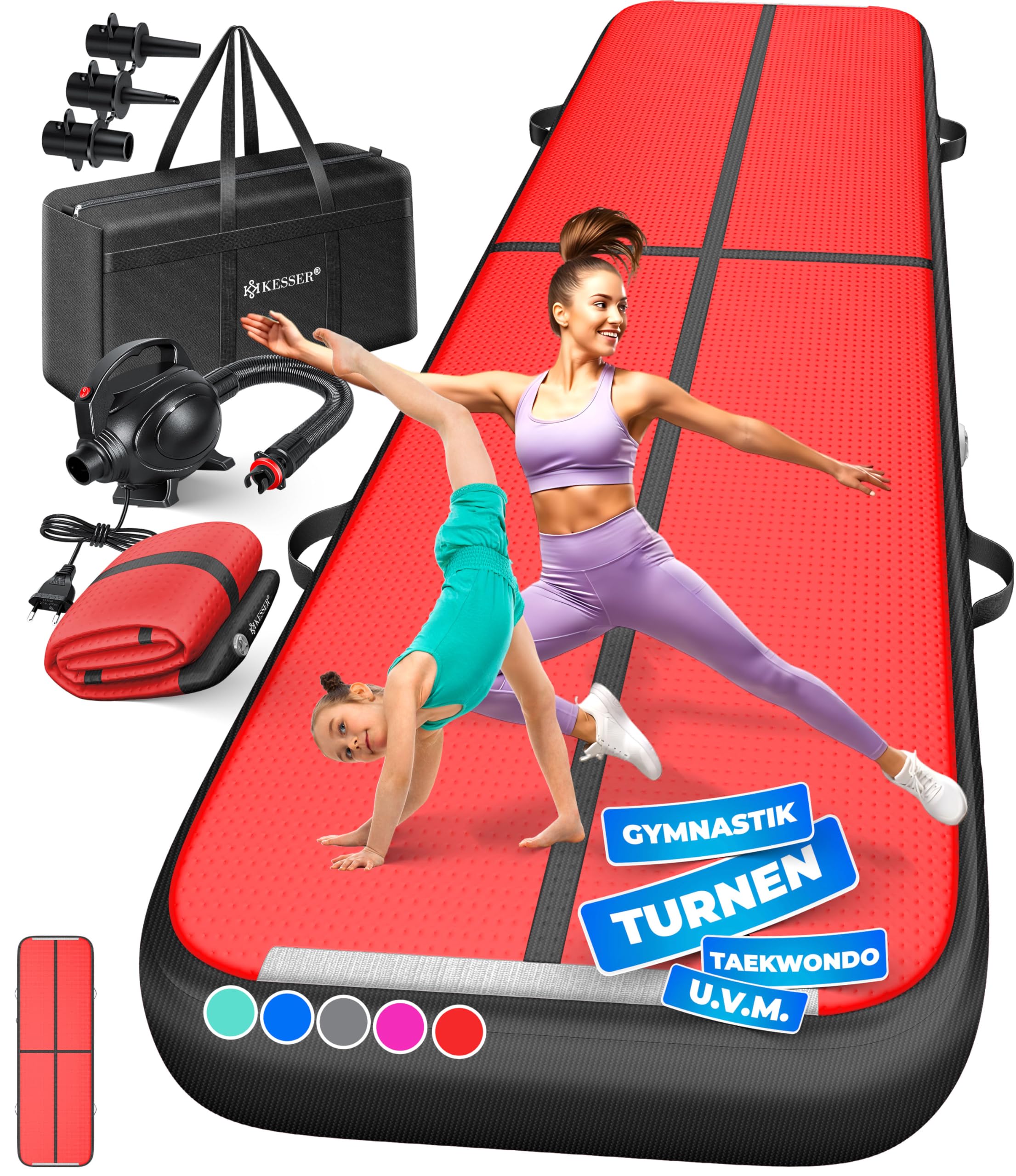 KESSER Turnmatte Aufblasbar Airtrack Fitness-Matte (300 x 100 x 10 cm) inkl. Tragetasche und elektrischer Luftpumpe