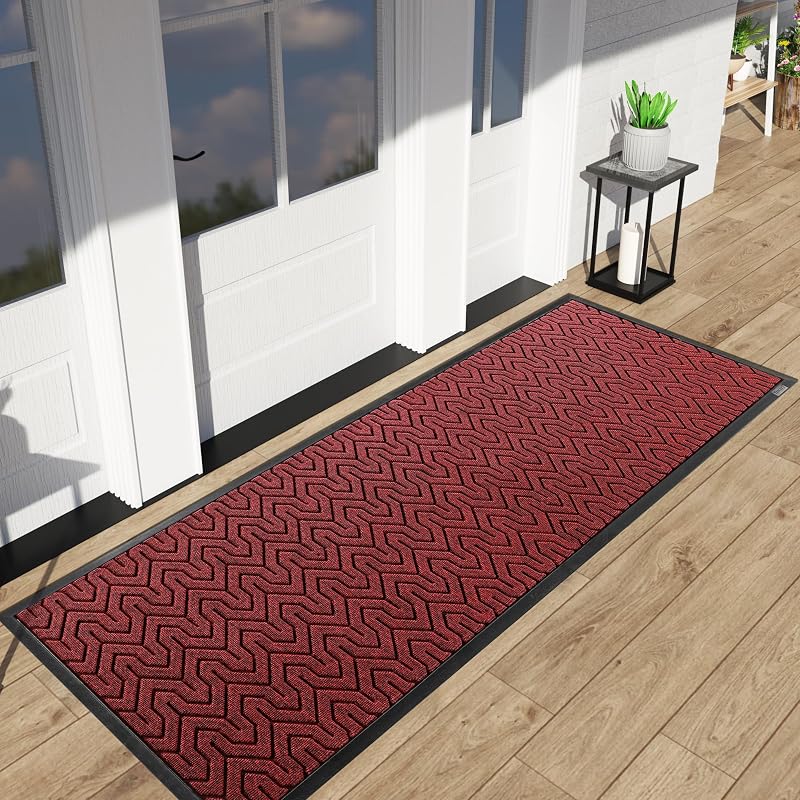 Tapete de Porta Retangular Yimobra Preto e Vermelho com Padrão em Y, Antiderrapante, para Uso Interno e Externo, 182,9 x 61 cm